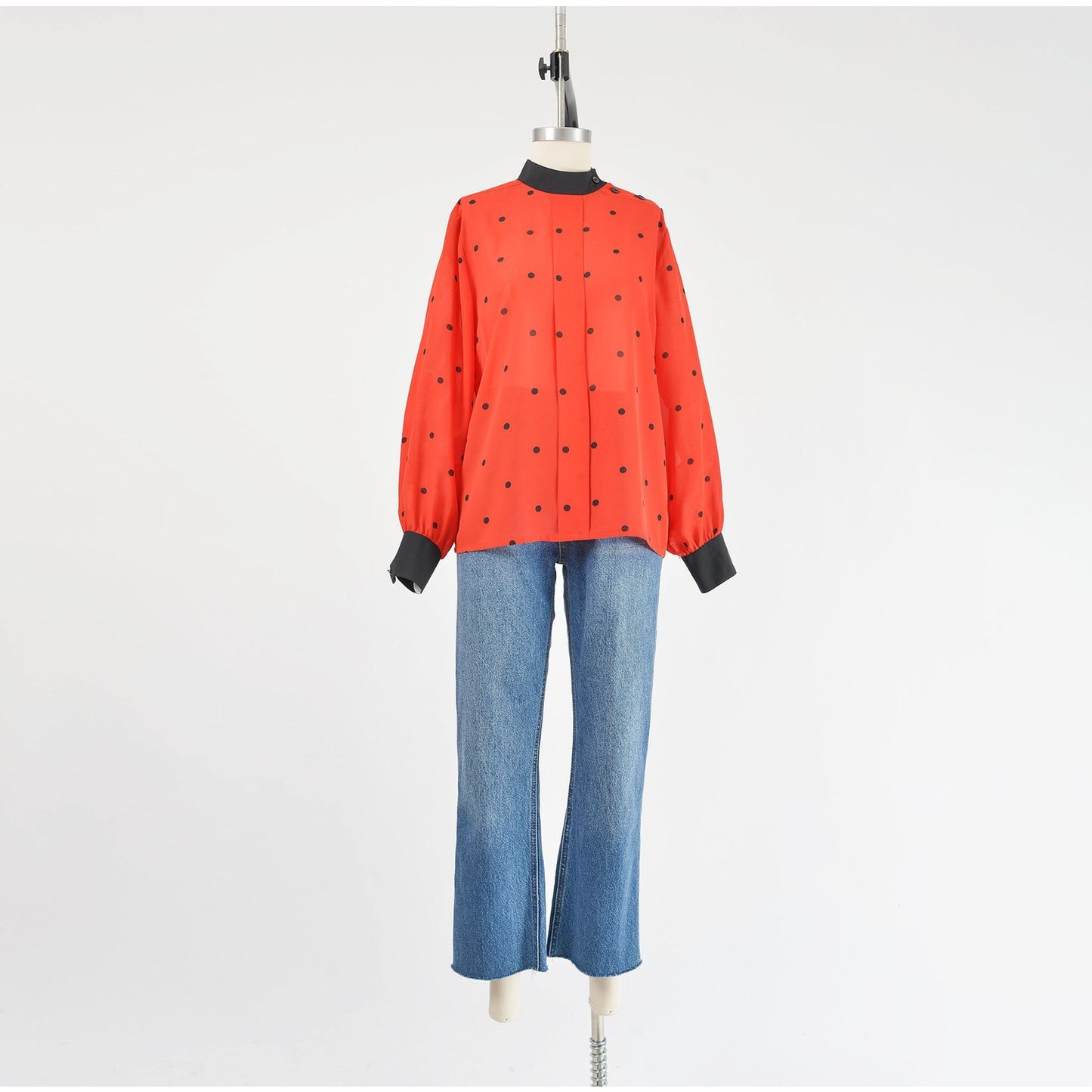 Vintage 80s Red and Black Polka Dot Blouse Semi Sheer Secretary Top S M