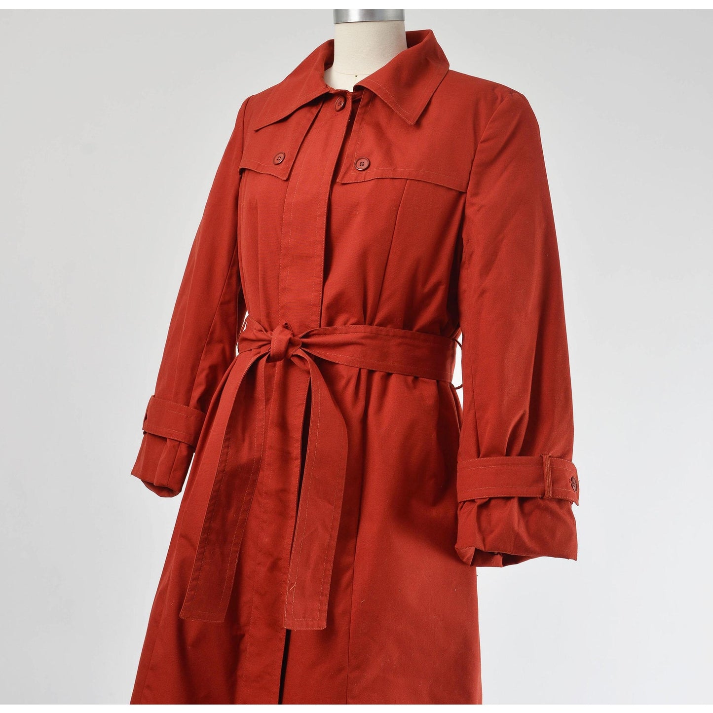 Vintage 70s Rust Brown Trench Coat Midi Length Jacket with Tie Belt and Faux Fur Lining size S M