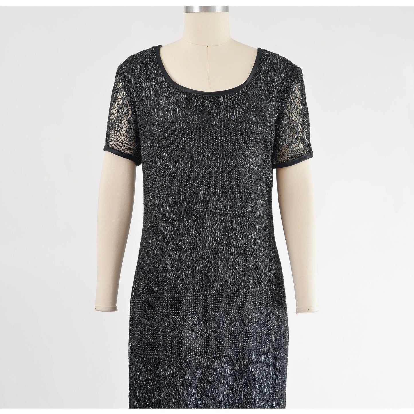 Vintage 90s Black Sheer Lace Metallic Silver Boho Whimsigoth Maxi Dress size M L