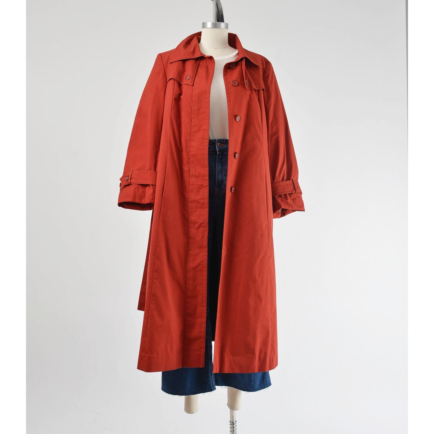 Vintage 70s Rust Brown Trench Coat Midi Length Jacket with Tie Belt and Faux Fur Lining size S M