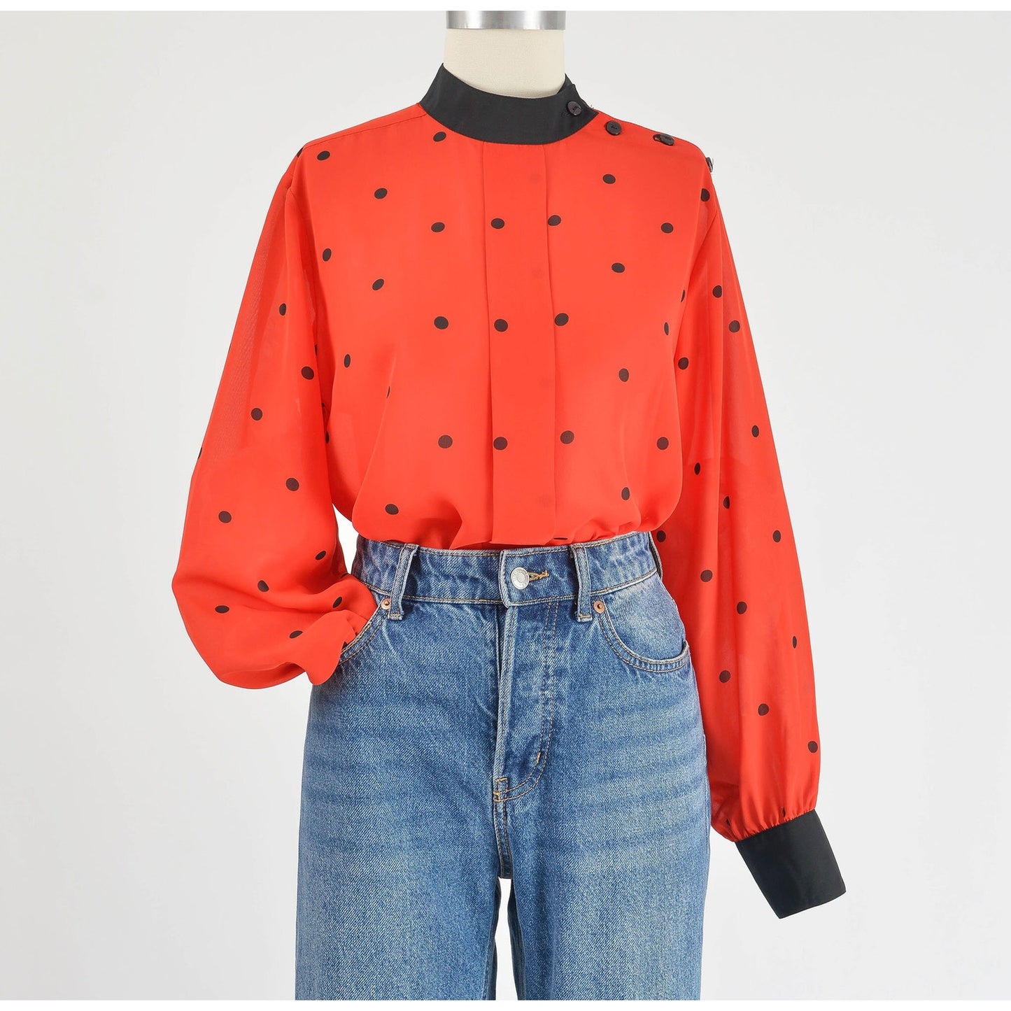 Vintage 80s Red and Black Polka Dot Blouse Semi Sheer Secretary Top S M