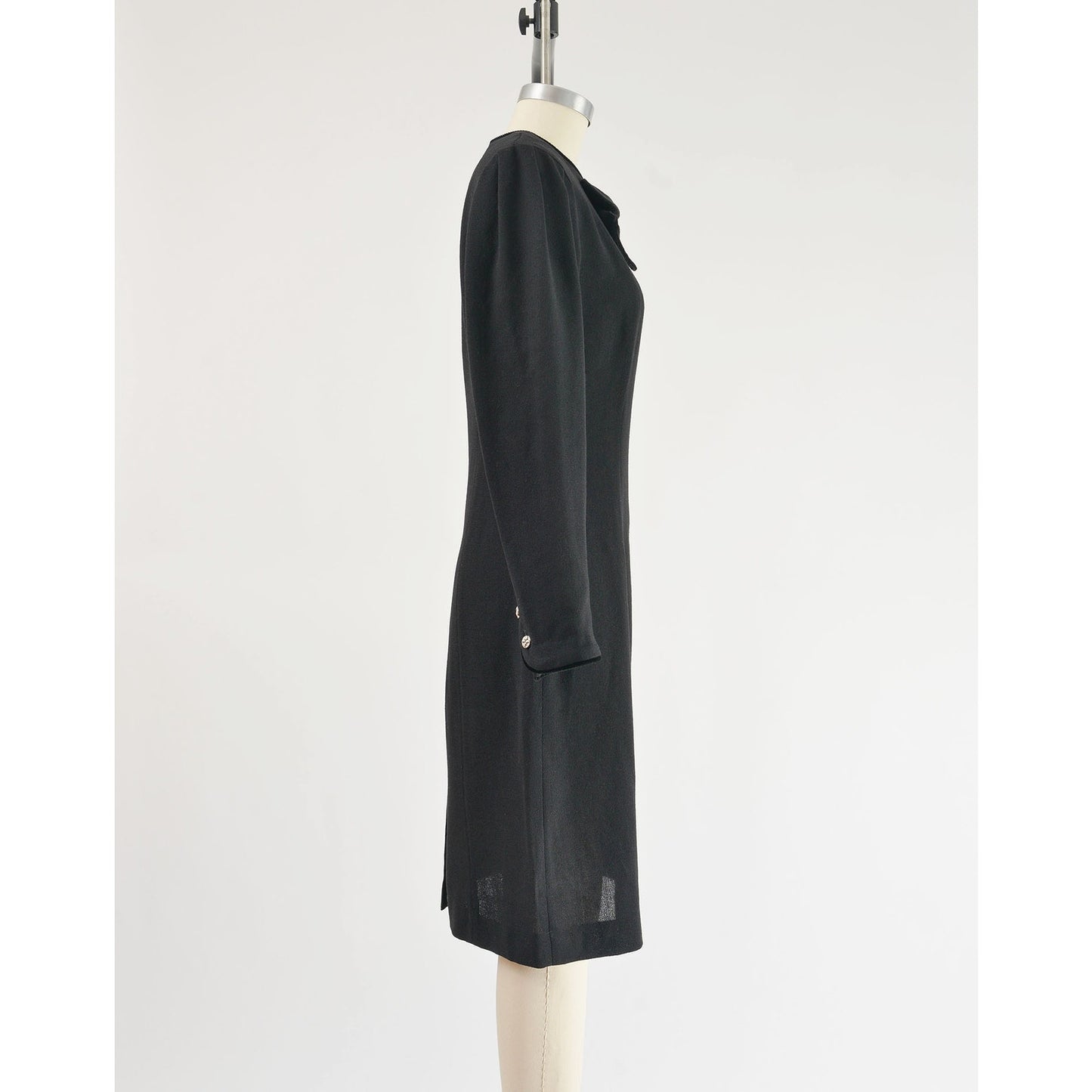 Vintage 90s Laura Ashley Black Wool Dress Puff Sleeve Lolita Goth Sheath Dress with Velvet Bow size Small