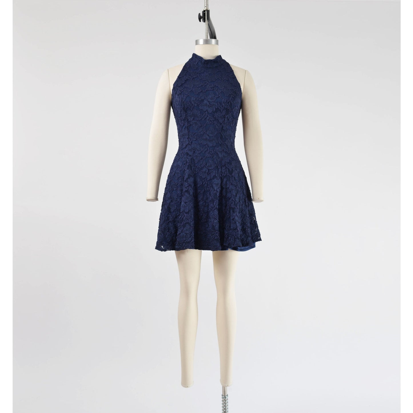 Vintage 90s Navy Lace Skater Dress Open Back Sleeveless Fit and Flare Mini size XS