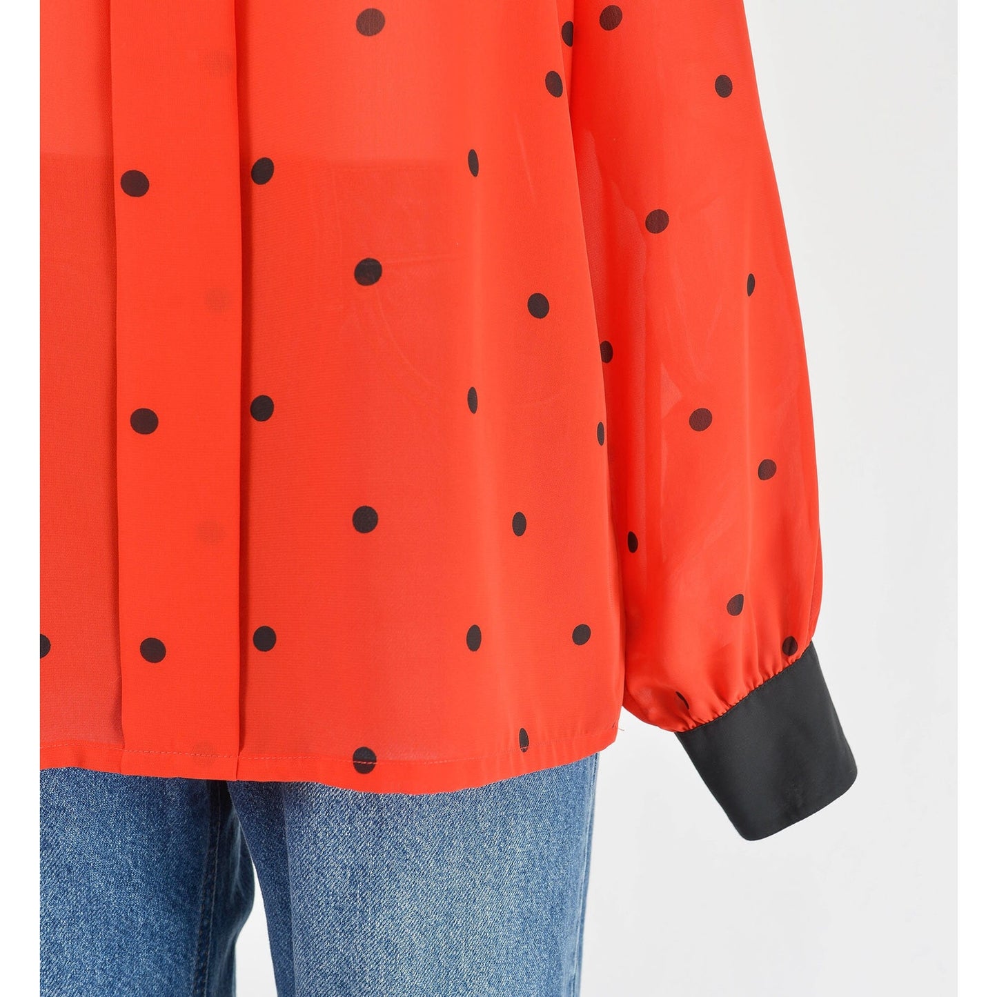 Vintage 80s Red and Black Polka Dot Blouse Semi Sheer Secretary Top S M