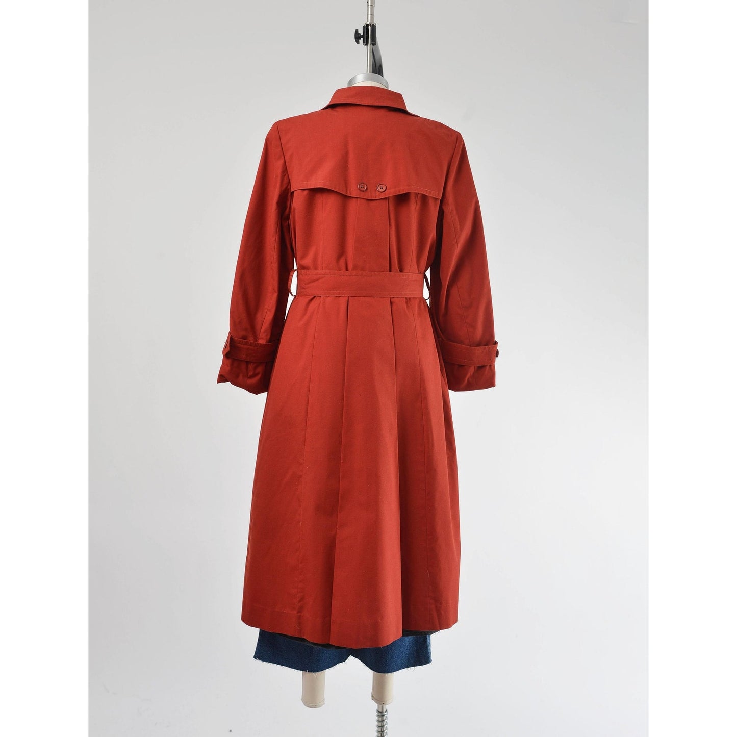 Vintage 70s Rust Brown Trench Coat Midi Length Jacket with Tie Belt and Faux Fur Lining size S M