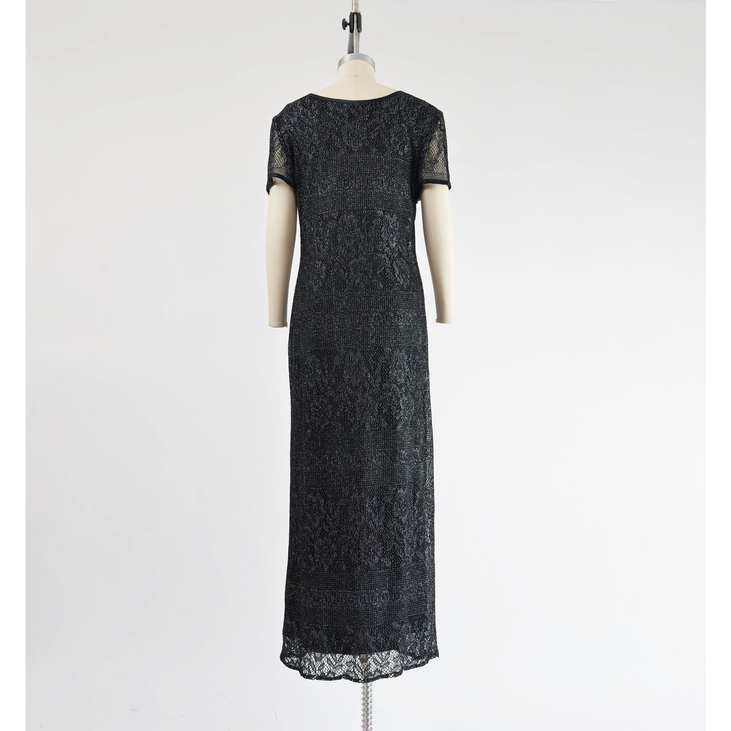 Vintage 90s Black Sheer Lace Metallic Silver Boho Whimsigoth Maxi Dress size M L