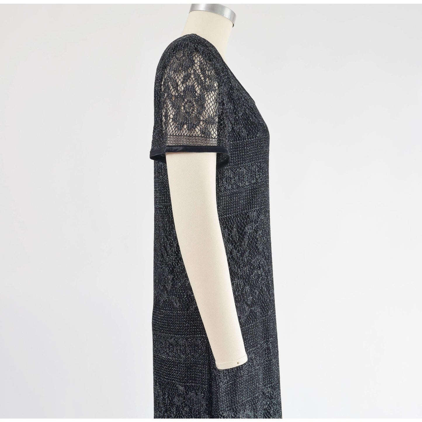 Vintage 90s Black Sheer Lace Metallic Silver Boho Whimsigoth Maxi Dress size M L
