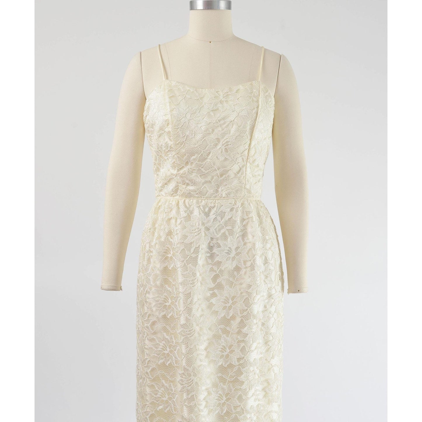 Vintage 80s does 60s Cream Lace Maxi Dress Spaghetti Strap Pencil Sheath Long Wedding Dress size XS