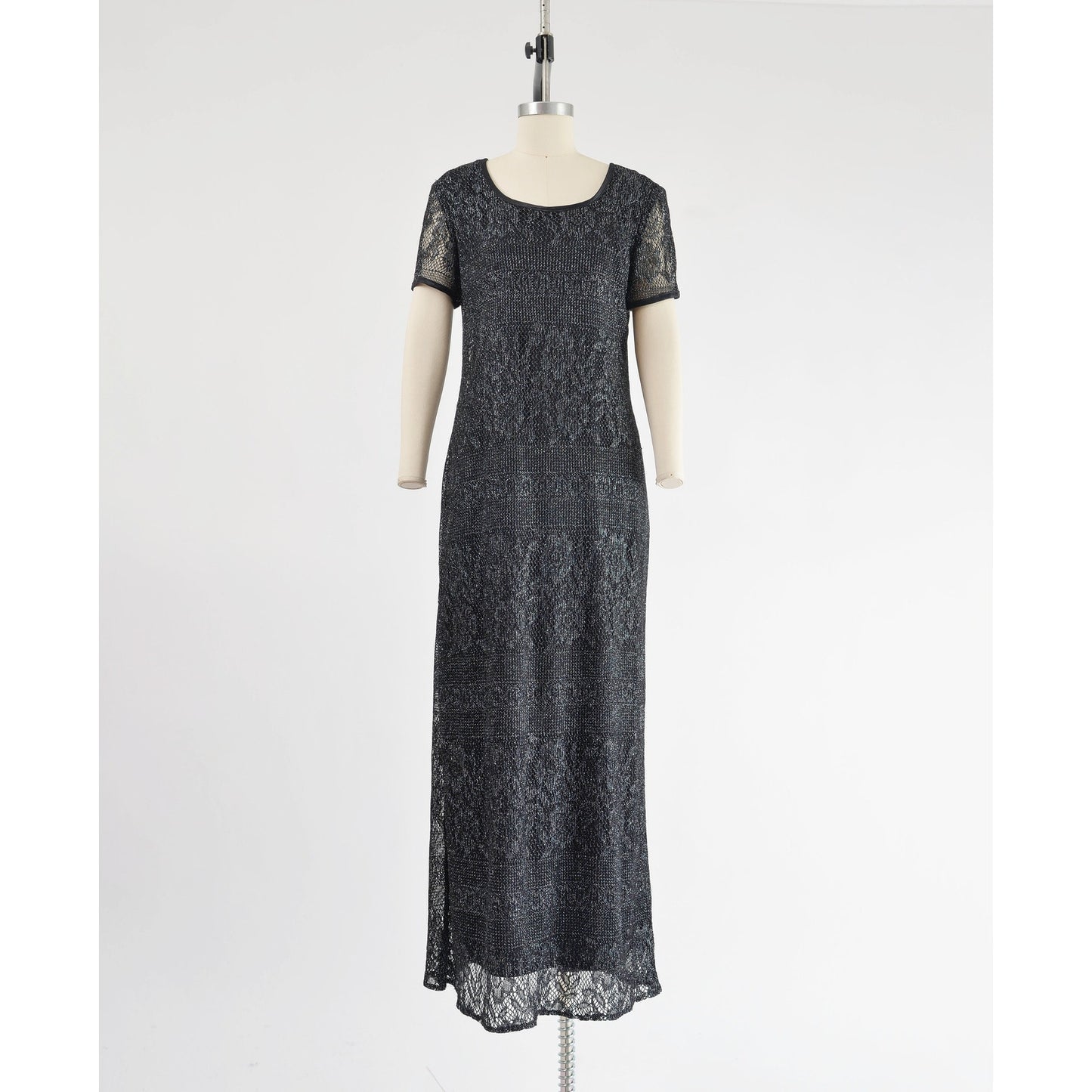 Vintage 90s Black Sheer Lace Metallic Silver Boho Whimsigoth Maxi Dress size M L