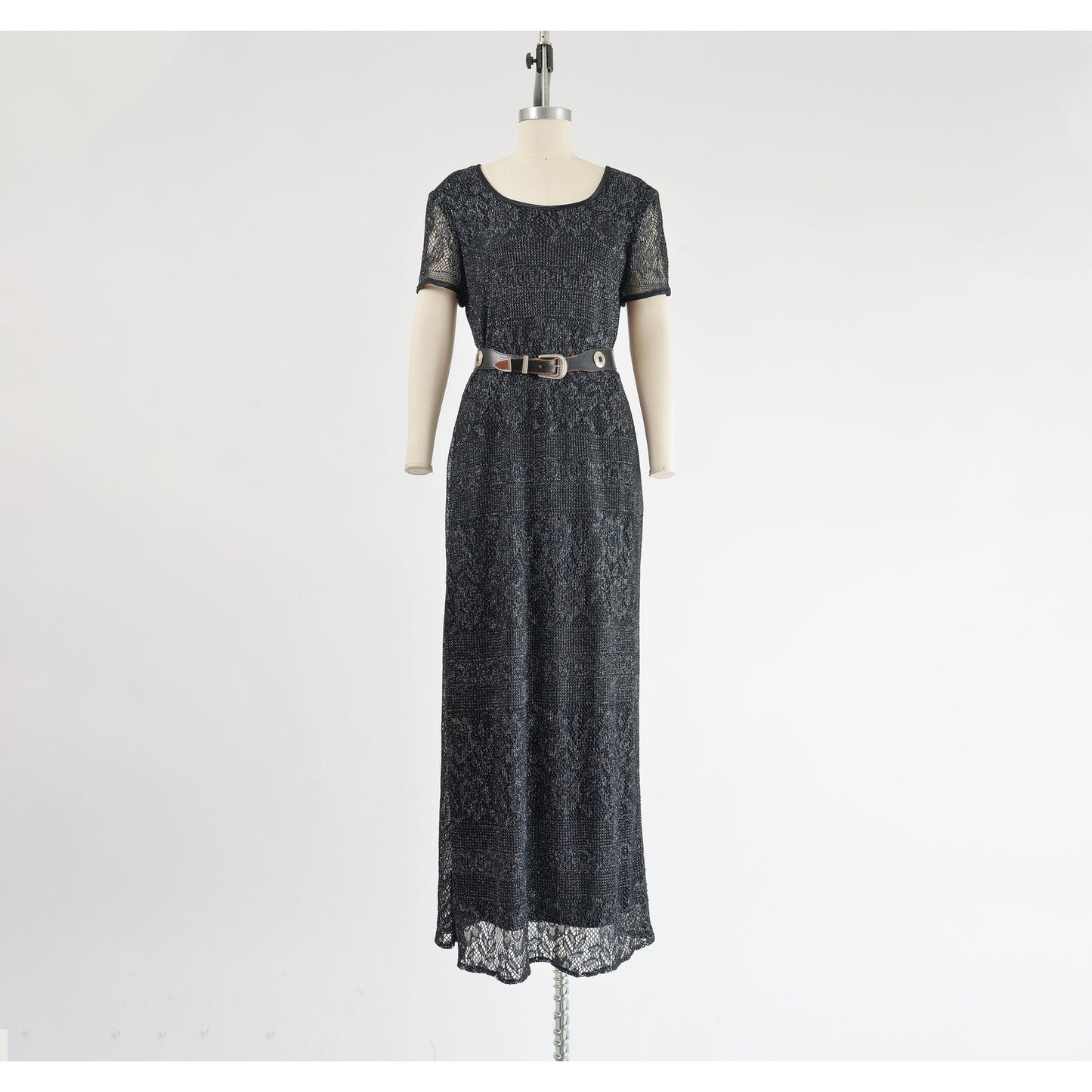 Vintage 90s Black Sheer Lace Metallic Silver Boho Whimsigoth Maxi Dress size M L