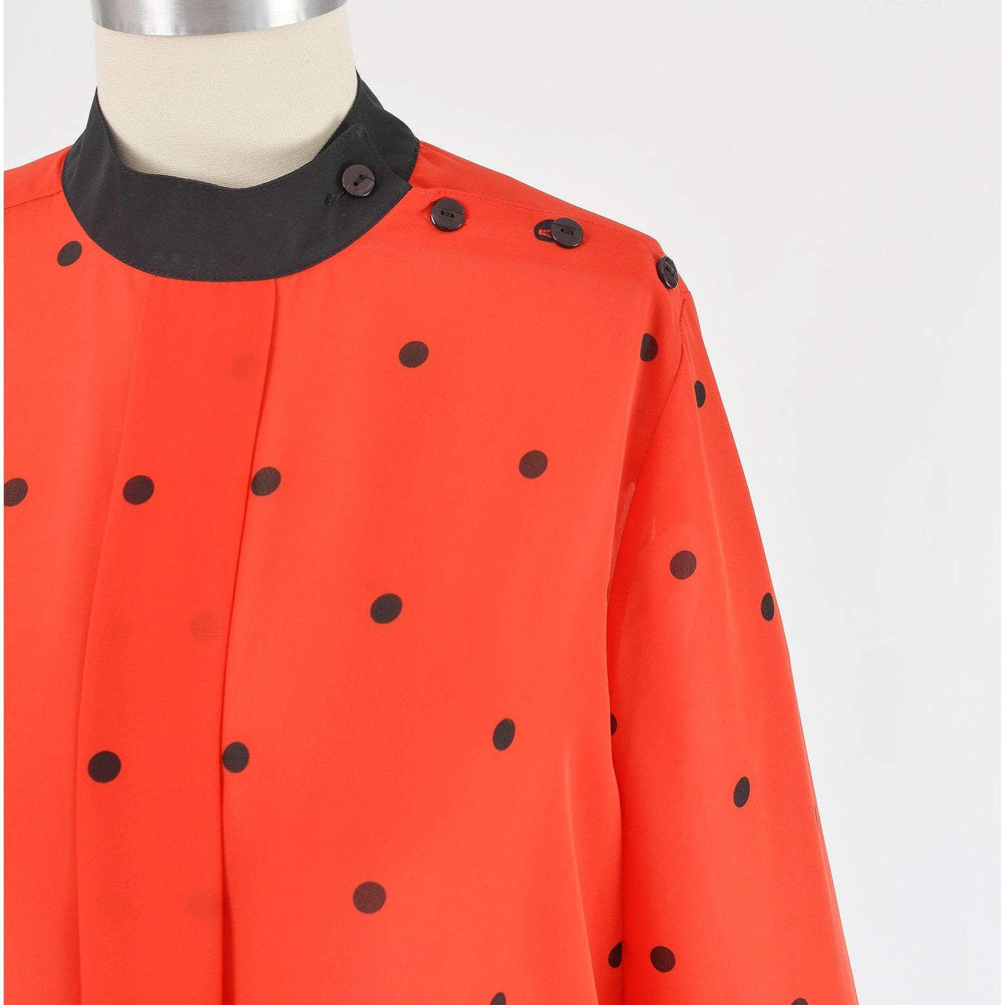 Vintage 80s Red and Black Polka Dot Blouse Semi Sheer Secretary Top S M
