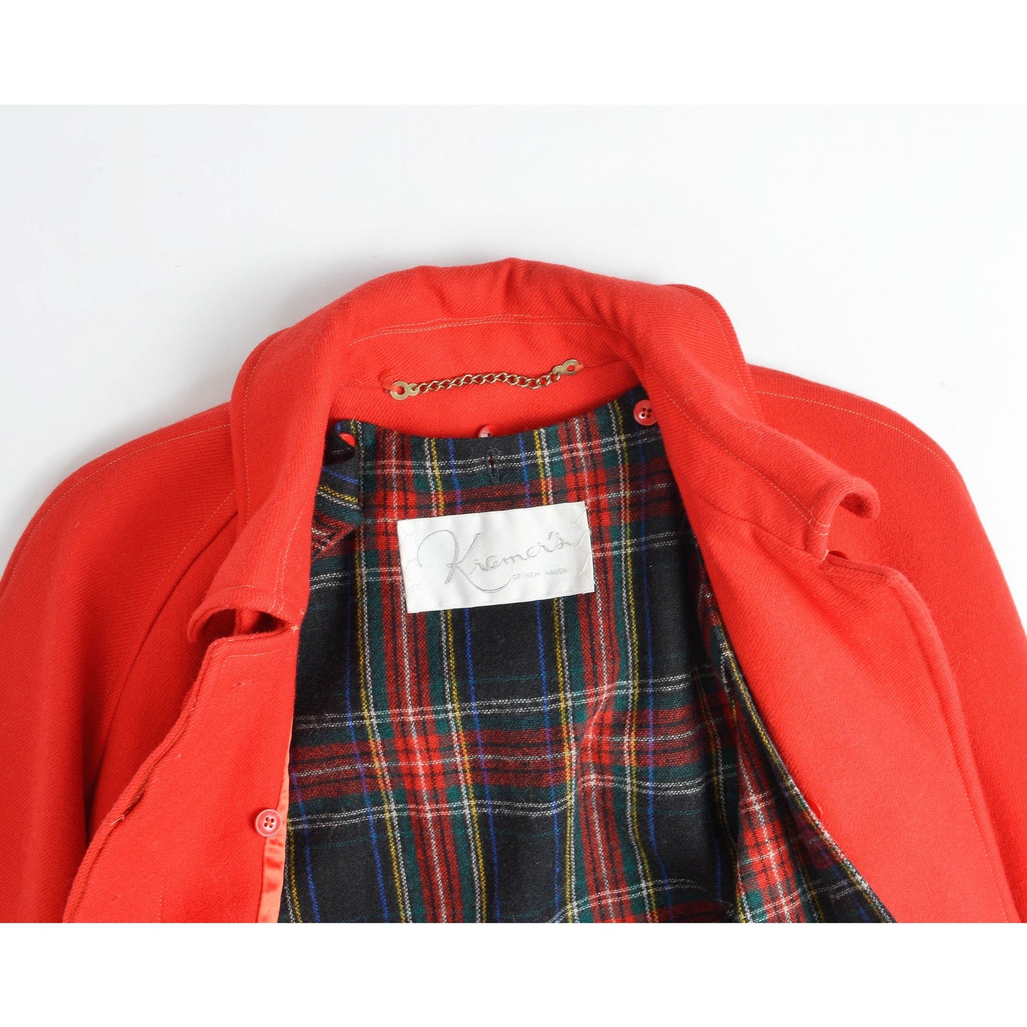 Flat neckline view of vintage 80s red wool long full length winter coat.