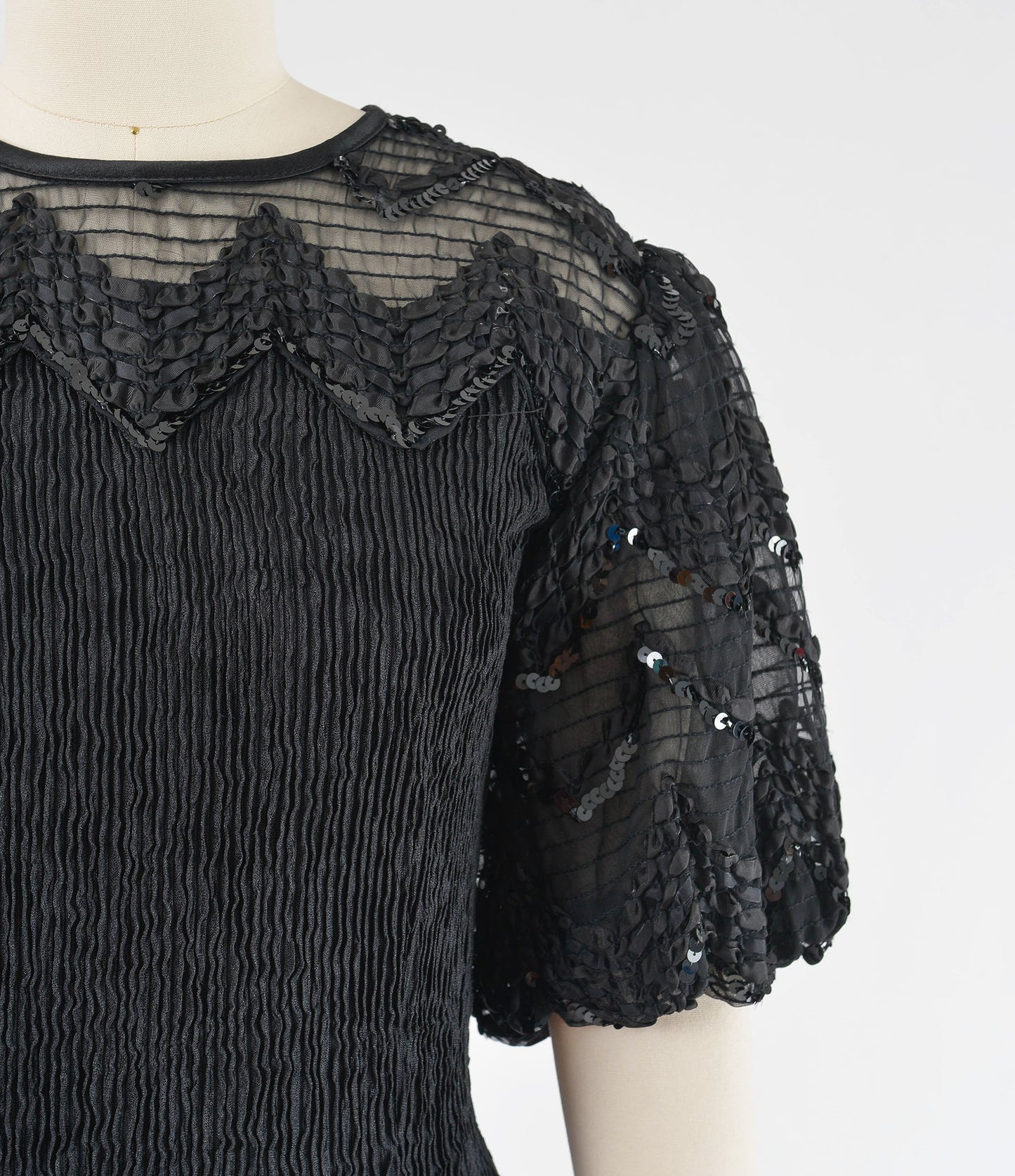 Vintage 90s Black Puff Sleeve Mini Dress Stretchy Knit Sheer Neckline Sequin Party Dress size M