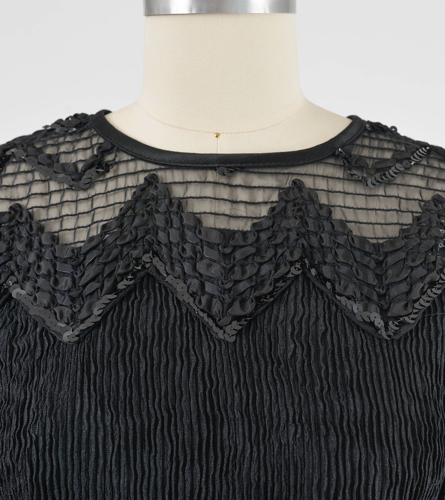 Vintage 90s Black Puff Sleeve Mini Dress Stretchy Knit Sheer Neckline Sequin Party Dress size M