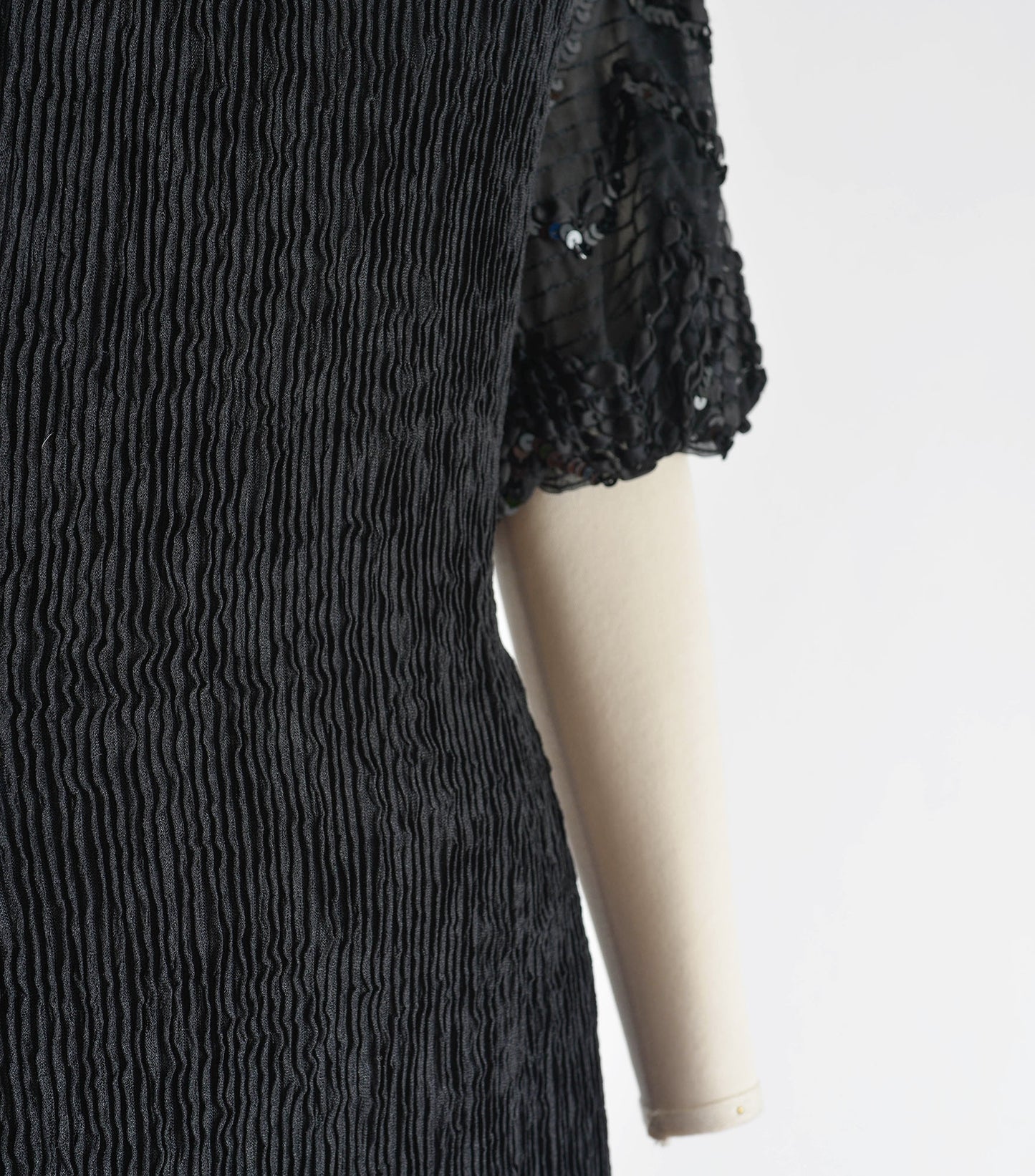 Vintage 90s Black Puff Sleeve Mini Dress Stretchy Knit Sheer Neckline Sequin Party Dress size M