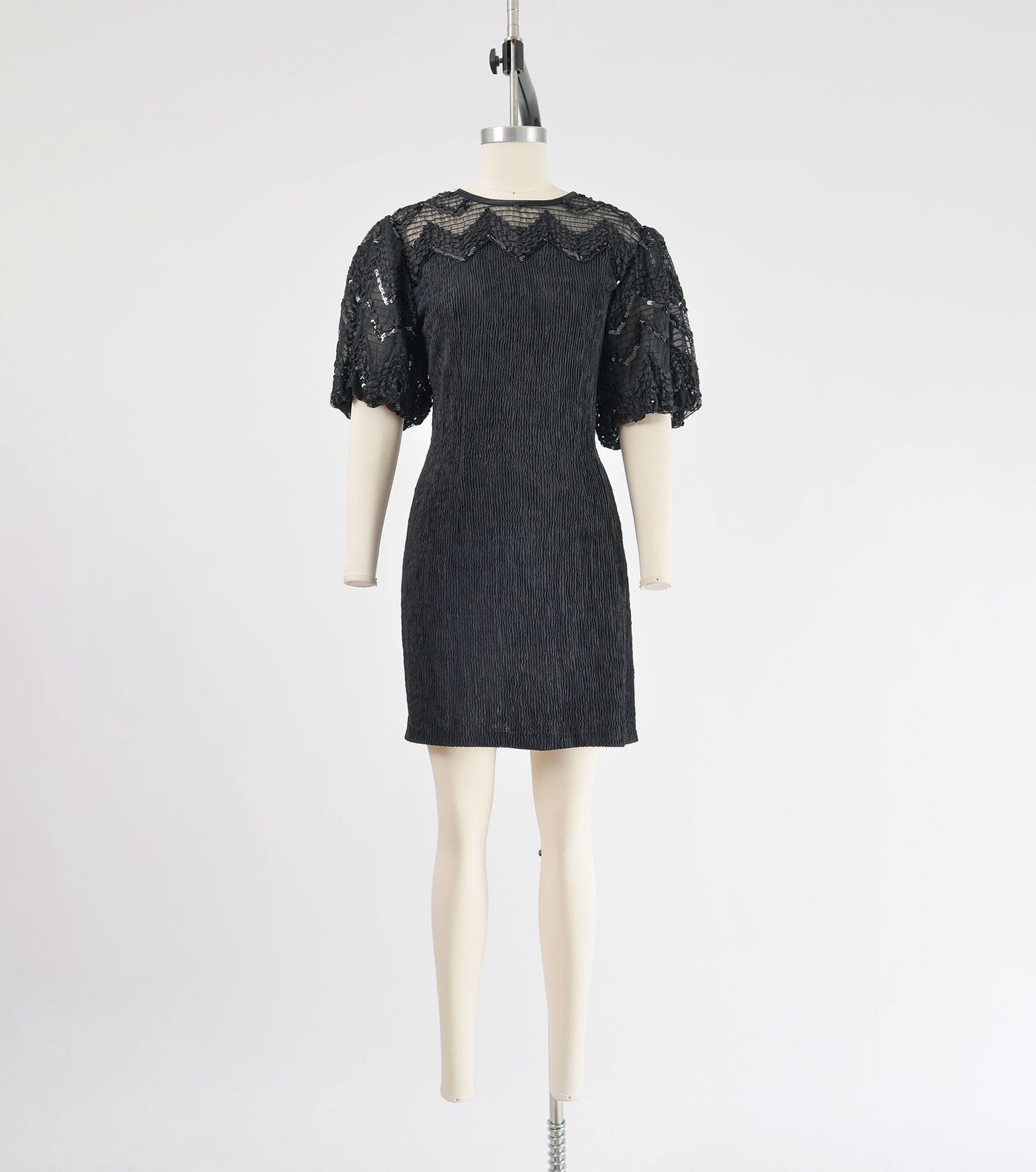 Vintage 90s Black Puff Sleeve Mini Dress Stretchy Knit Sheer Neckline Sequin Party Dress size M