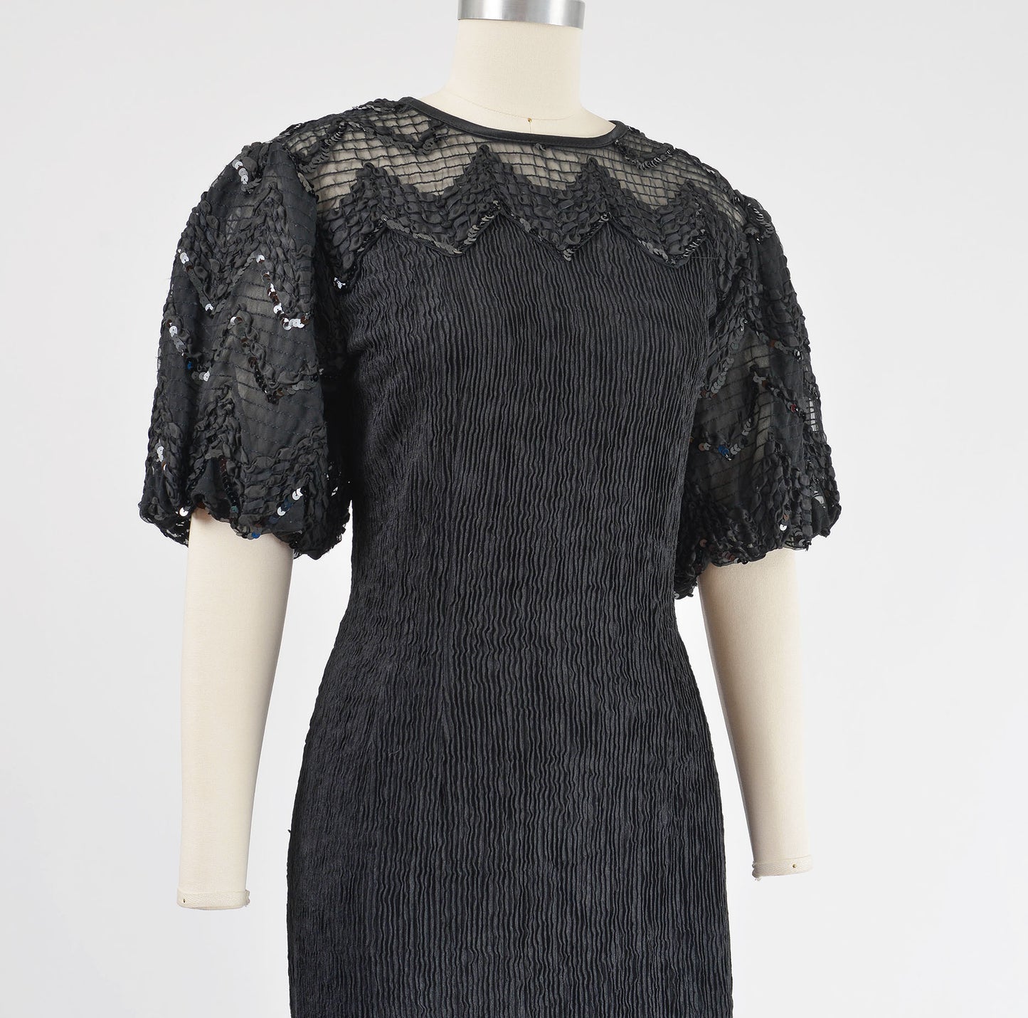 Vintage 90s Black Puff Sleeve Mini Dress Stretchy Knit Sheer Neckline Sequin Party Dress size M