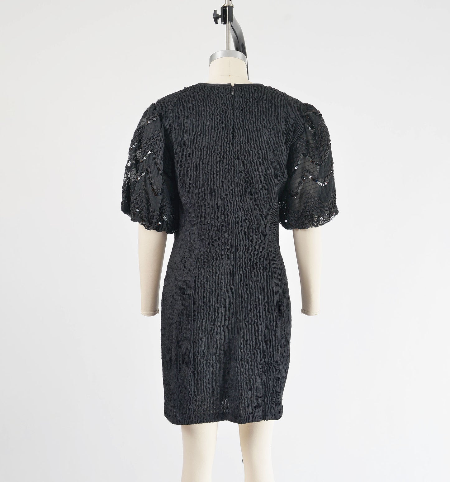 Vintage 90s Black Puff Sleeve Mini Dress Stretchy Knit Sheer Neckline Sequin Party Dress size M