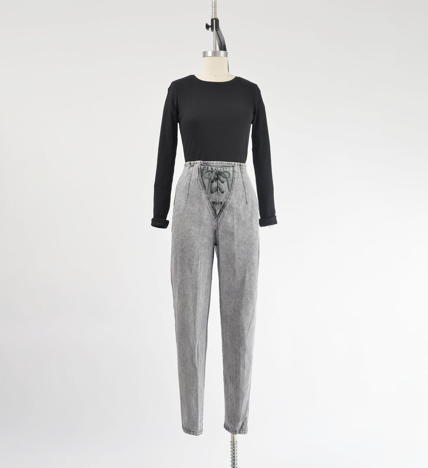 Vintage 80s Gray Acid Wash Jeans High Waisted Lace Up Front Slim Fit Skinny Jeans size M
