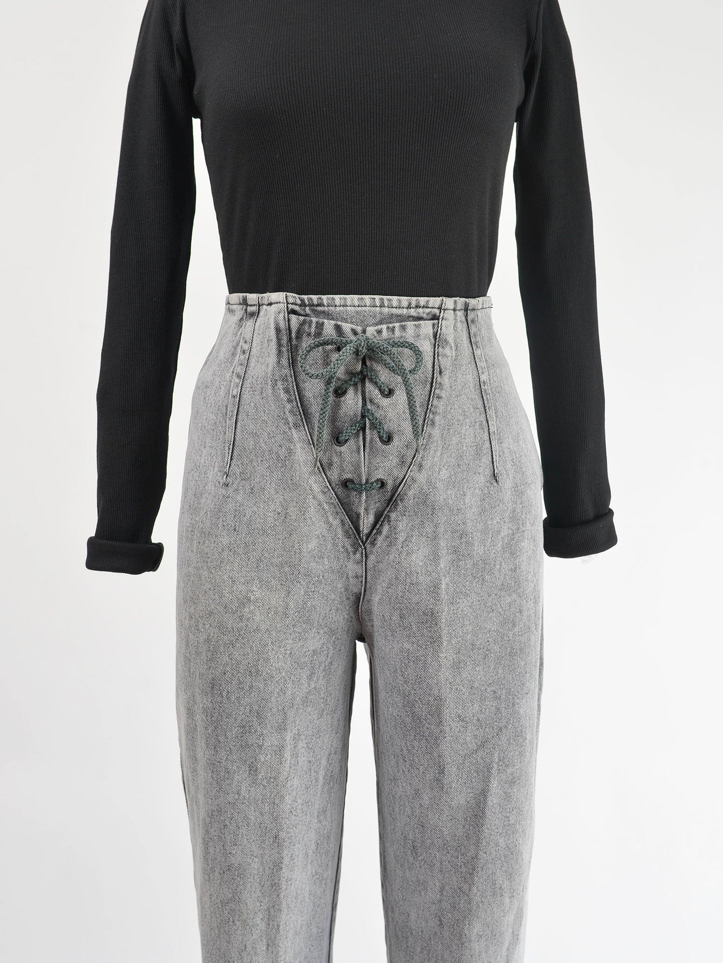 Vintage 80s Gray Acid Wash Jeans High Waisted Lace Up Front Slim Fit Skinny Jeans size M