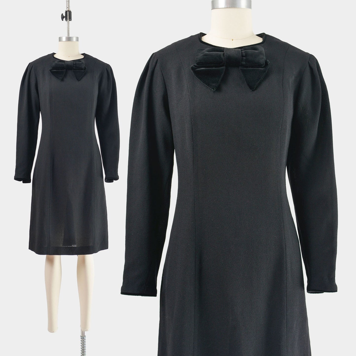 Vintage 90s black Laura Ashley wool puff sleeve dress with bow.