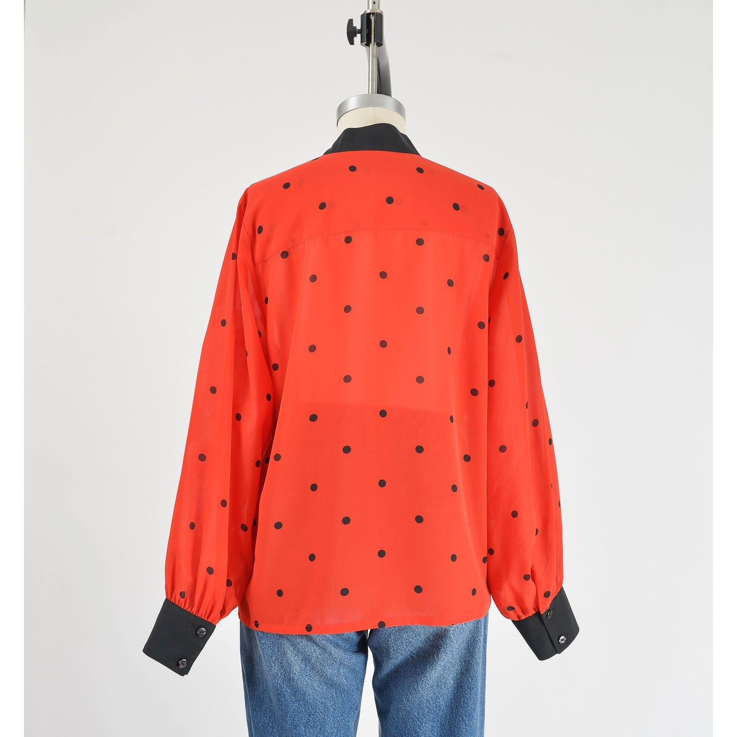 Vintage 80s Red and Black Polka Dot Blouse Semi Sheer Secretary Top S M