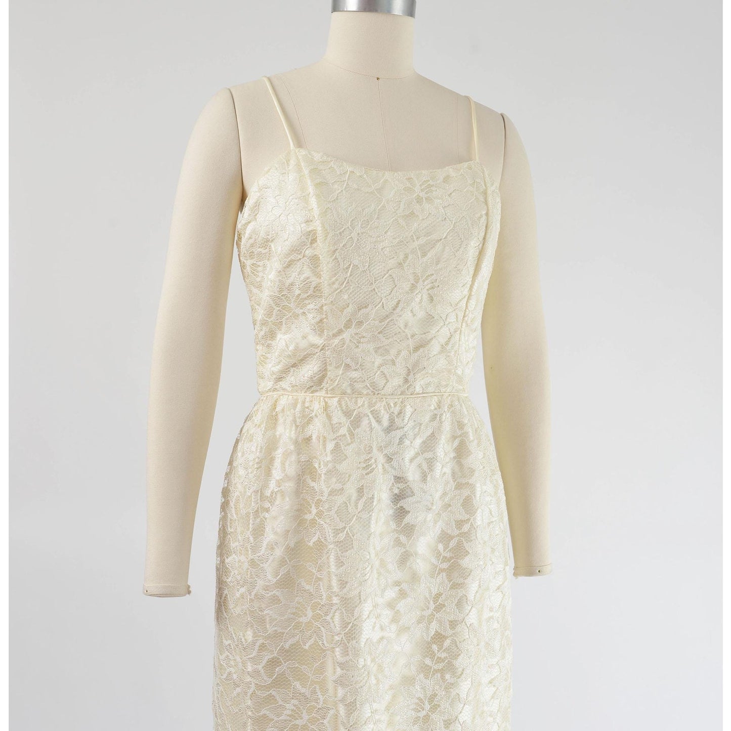 Vintage 80s does 60s Cream Lace Maxi Dress Spaghetti Strap Pencil Sheath Long Wedding Dress size XS