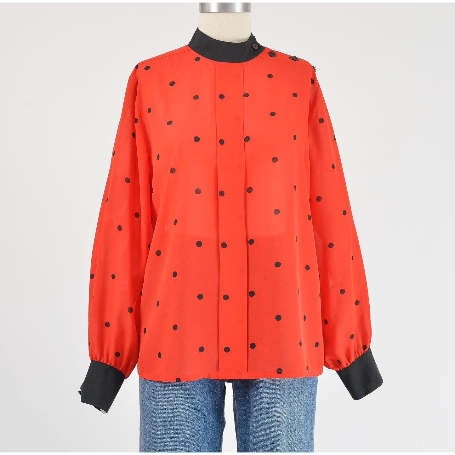 Vintage 80s Red and Black Polka Dot Blouse Semi Sheer Secretary Top S M