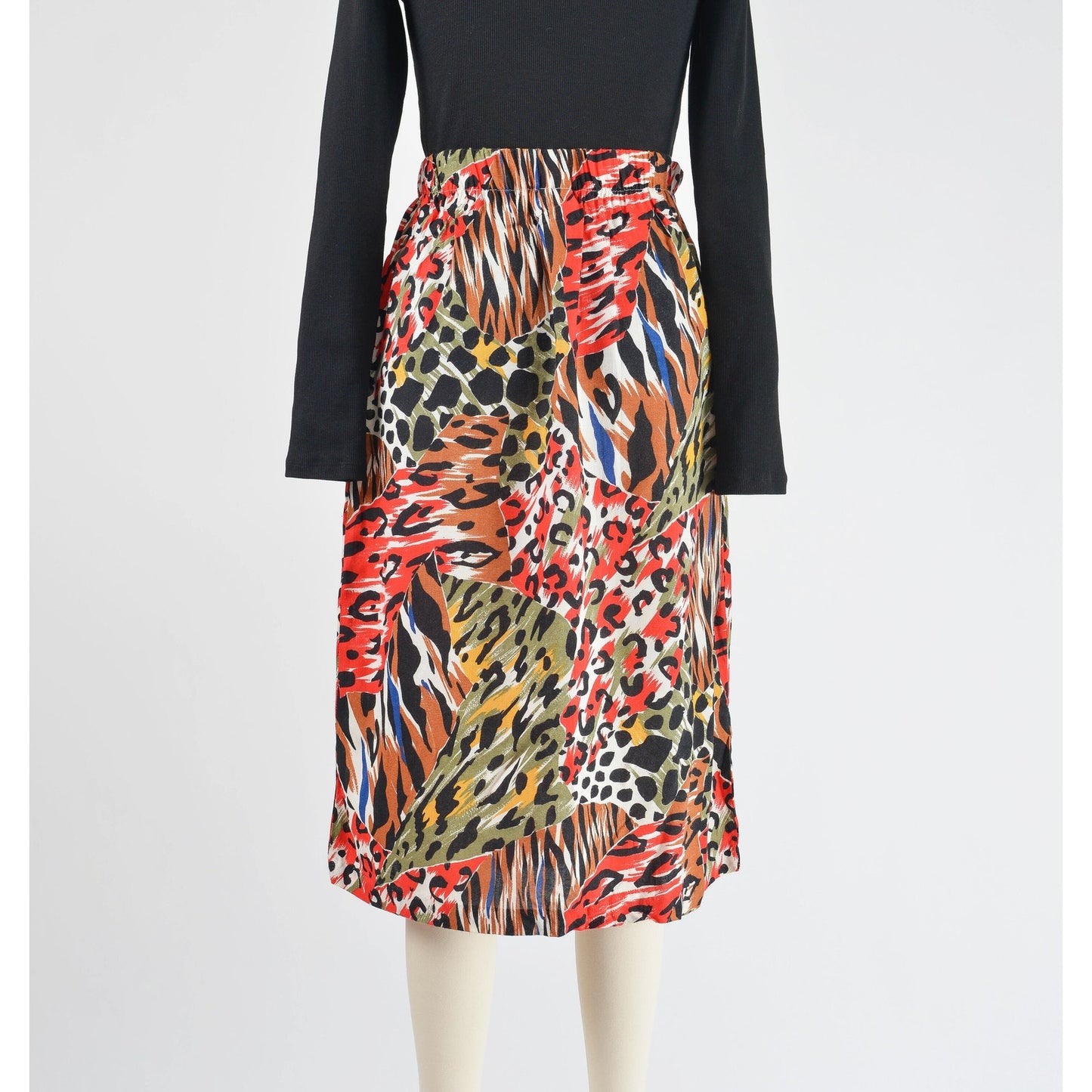 Vintage 80s Mixed Animal Print Skirt Elastic Waist Straight Midi Skirt Tiger Leopard Cheetah Print size S M