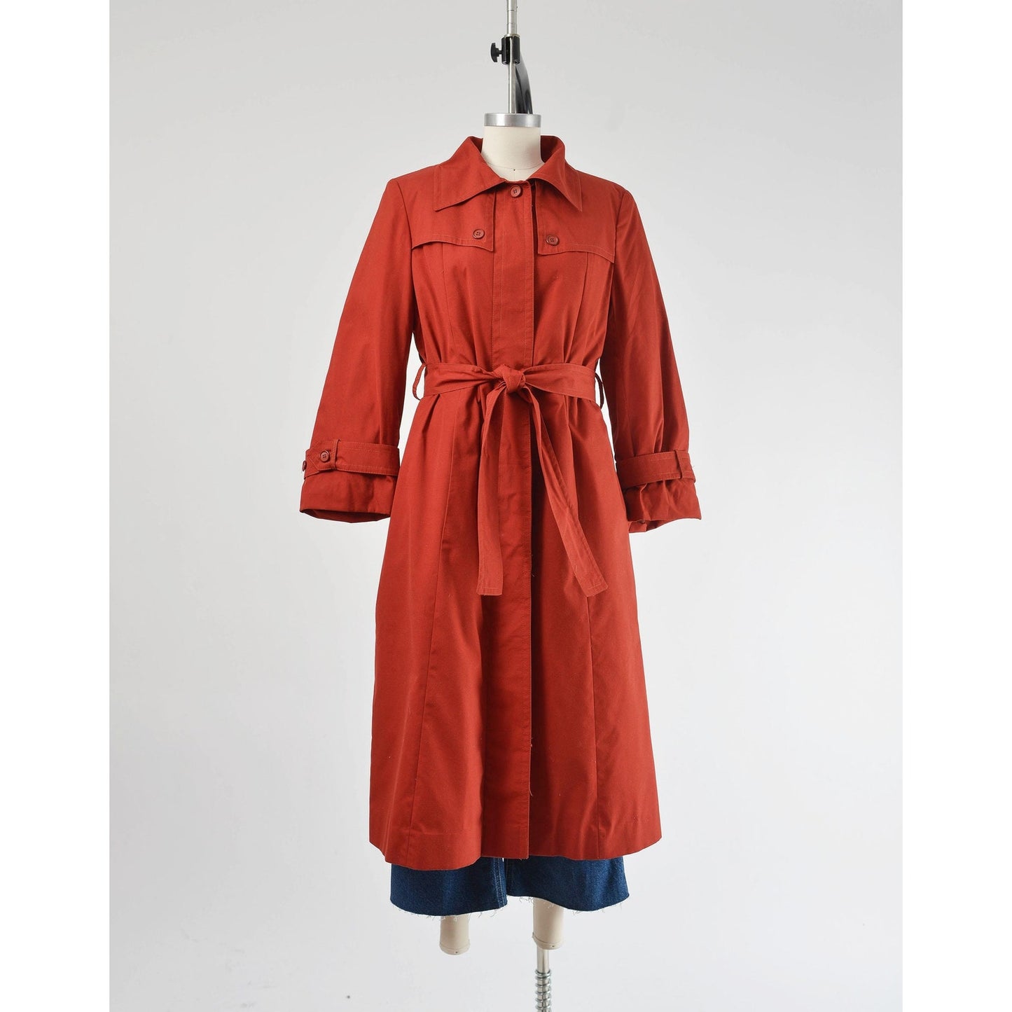 Vintage 70s Rust Brown Trench Coat Midi Length Jacket with Tie Belt and Faux Fur Lining size S M