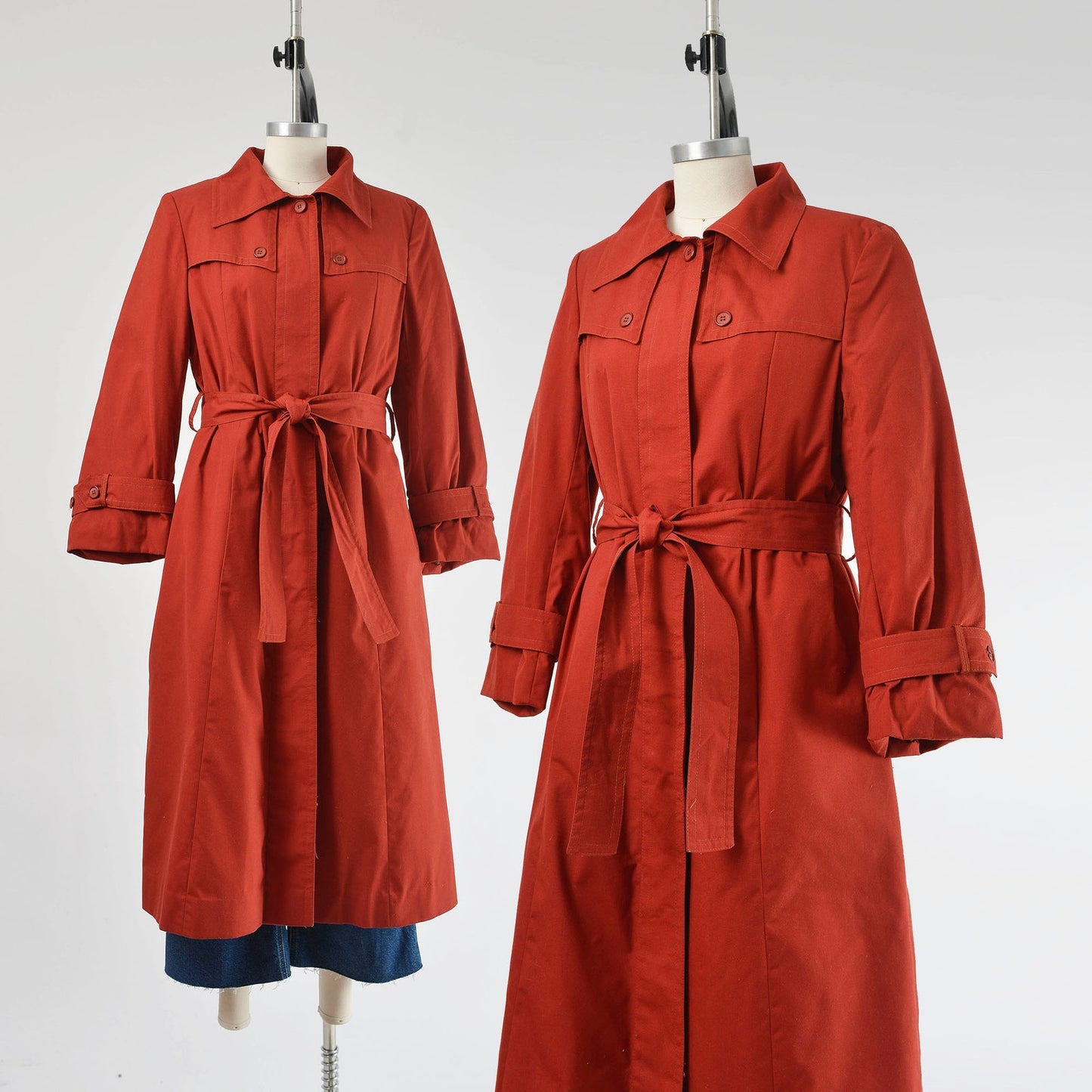 Vintage 70s Rust Brown Trench Coat Midi Length Jacket with Tie Belt and Faux Fur Lining size S M