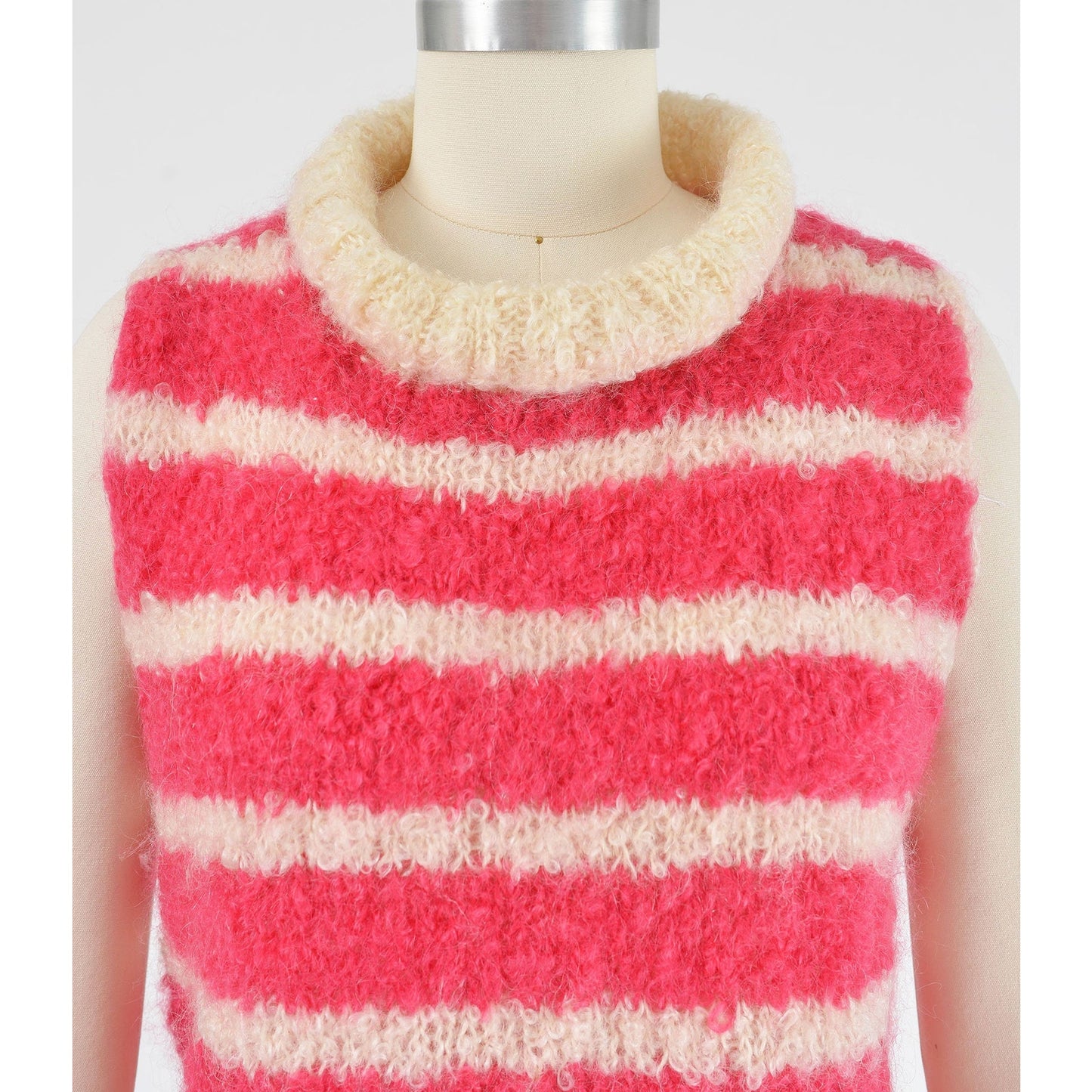 vintage 1960s pink and white striped hand knit mohair sleeveless sweater.