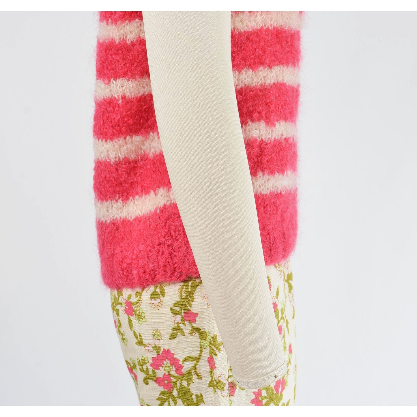 vintage 1960s pink and white striped hand knit mohair sleeveless sweater.