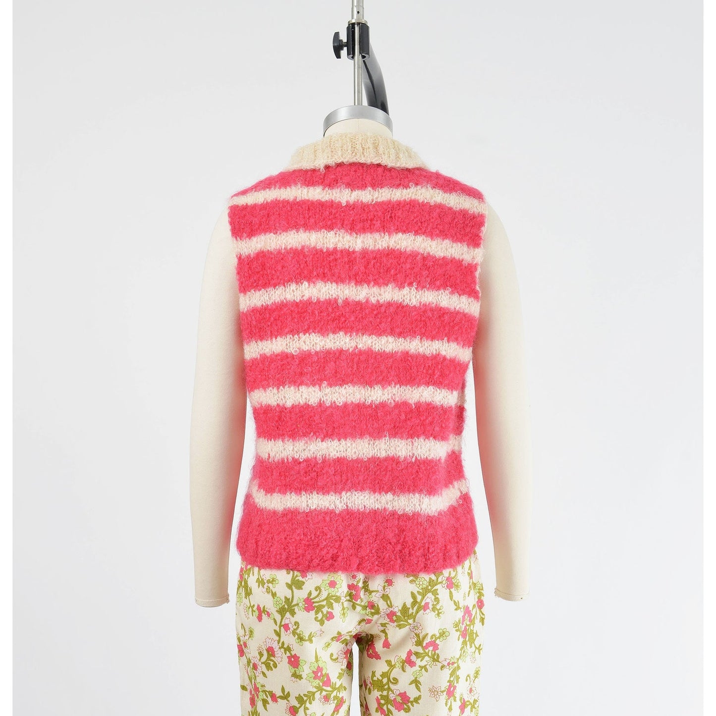 vintage 1960s pink and white striped hand knit mohair sleeveless sweater.