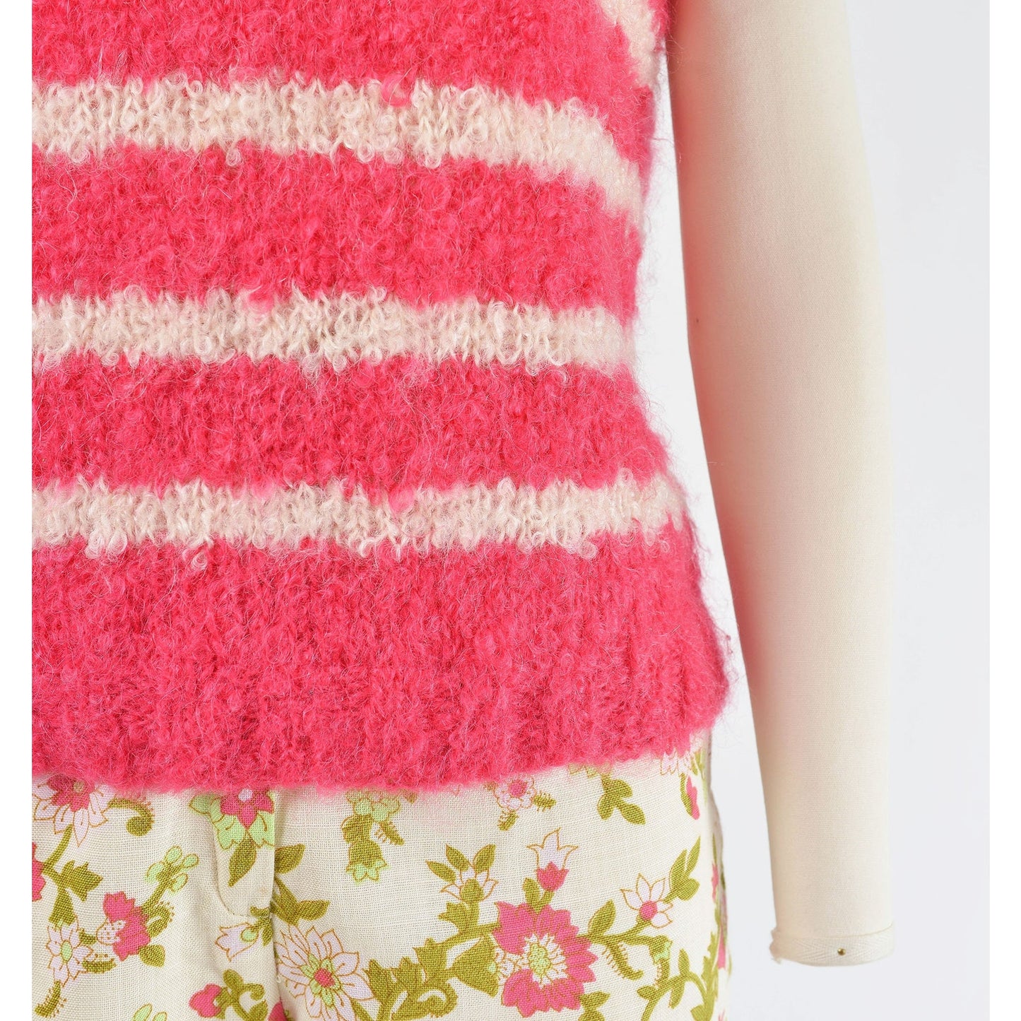 vintage 1960s pink and white striped hand knit mohair sleeveless sweater.