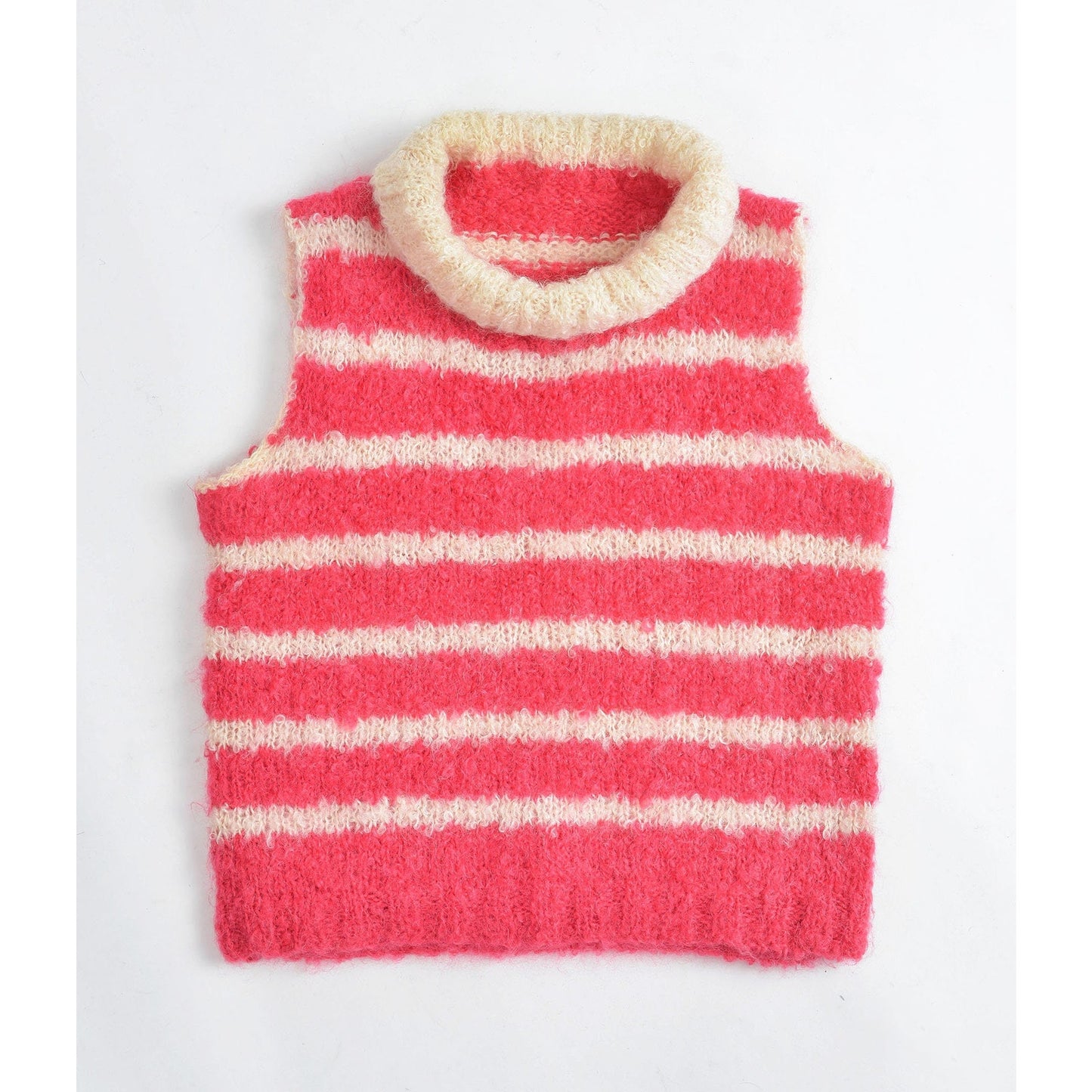 vintage 1960s pink and white striped hand knit mohair sleeveless sweater.