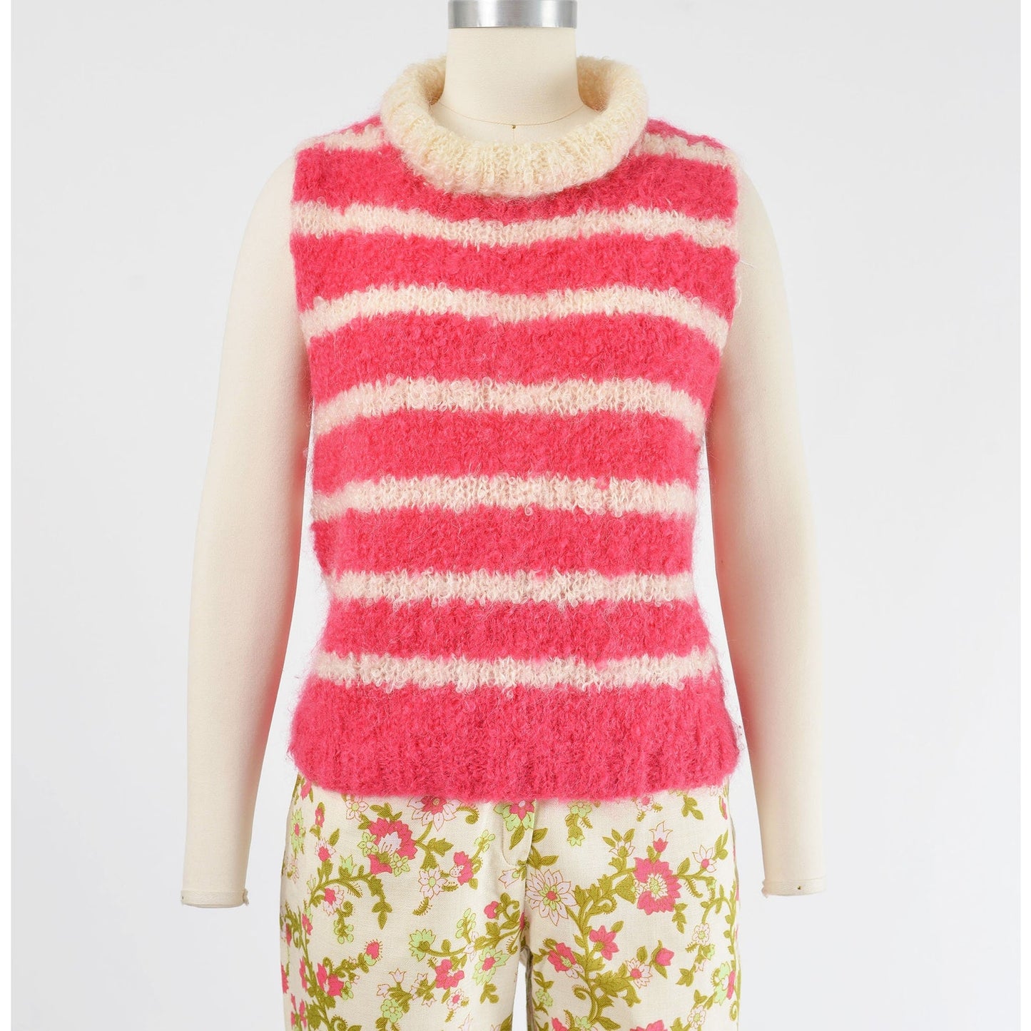 vintage 1960s pink and white striped hand knit mohair sleeveless sweater.