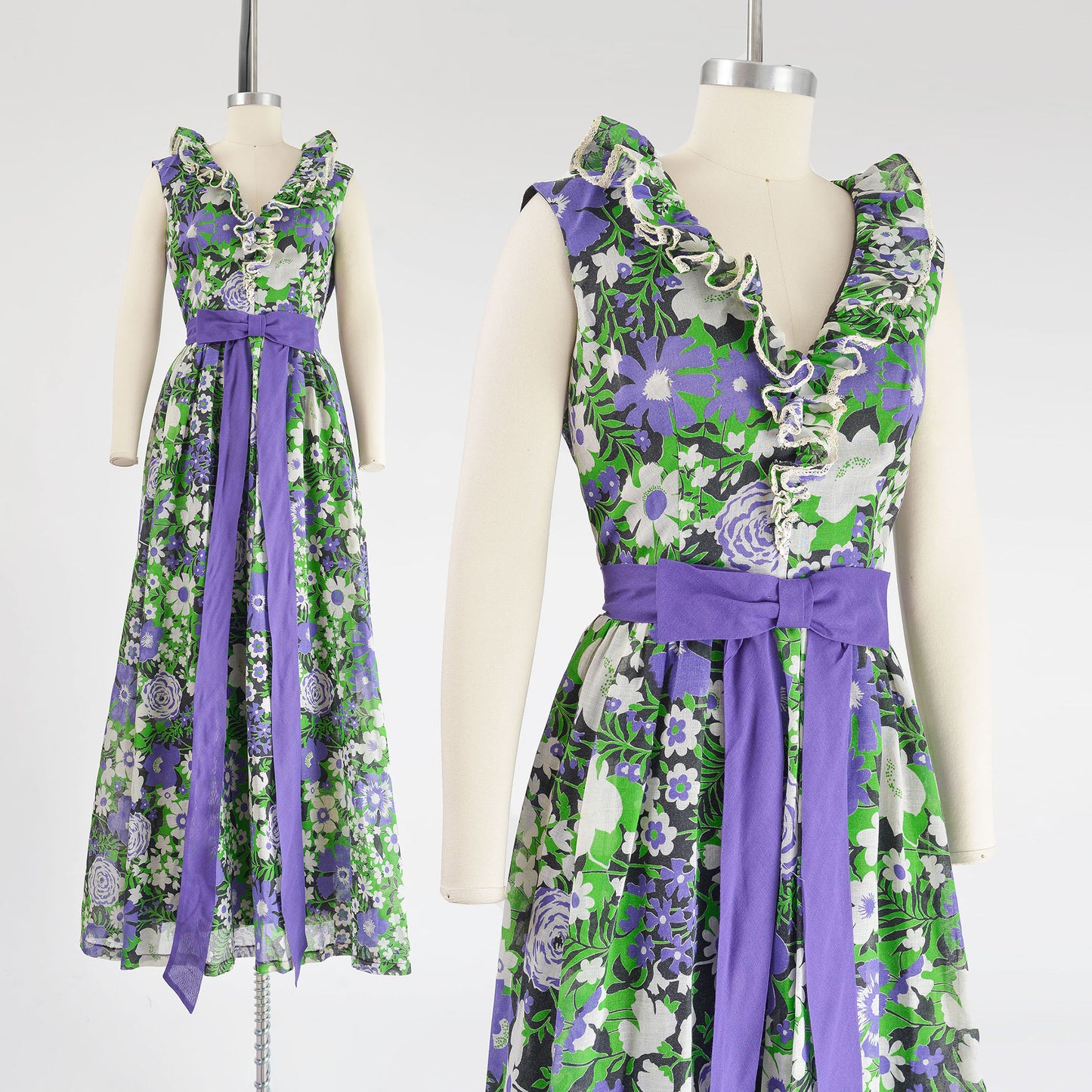 Vintage Miss Elliette floral print maxi dress. Semi sheer cotton fabric. White, green, purple, black, and white print. Ruffle neckline. Purple bow waistline. Full skirt.