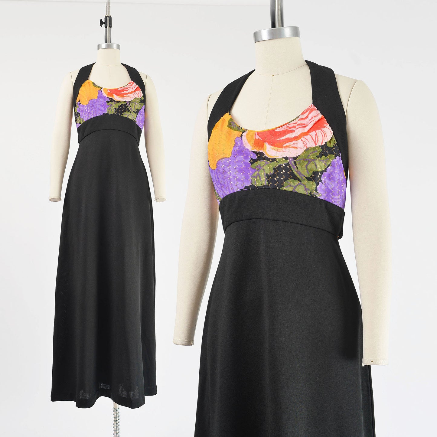 Vintage 1970s black floral knit maxi dress. Empire waist with full a-line silhouette.