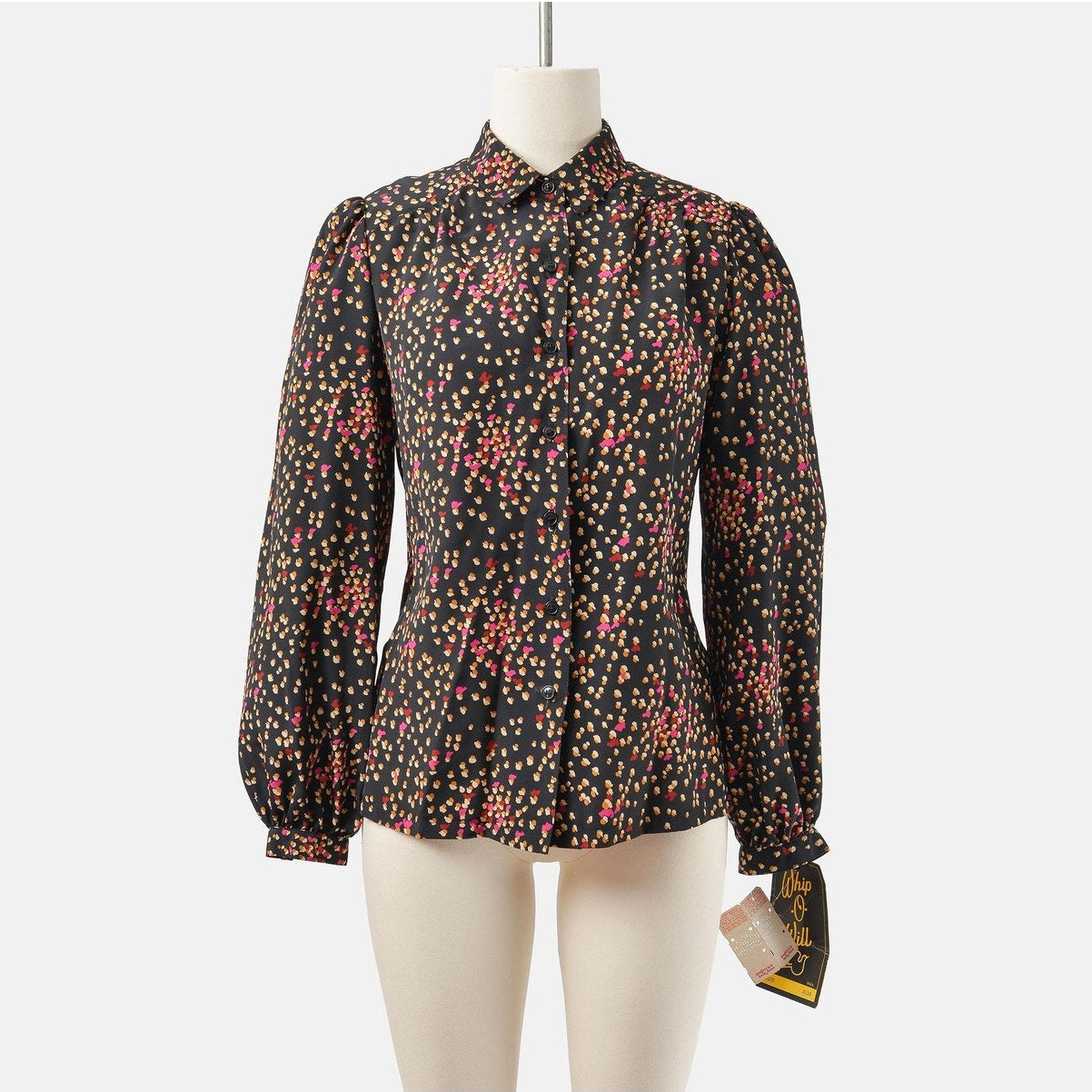 Vintage 70s black spotted blouse. Matte silky fabric. Collared neckline with long puff sleeves.