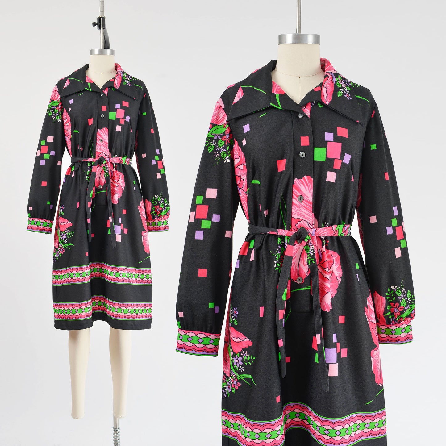 Vintage 1970s black floral op art shirt dress with tie belt.