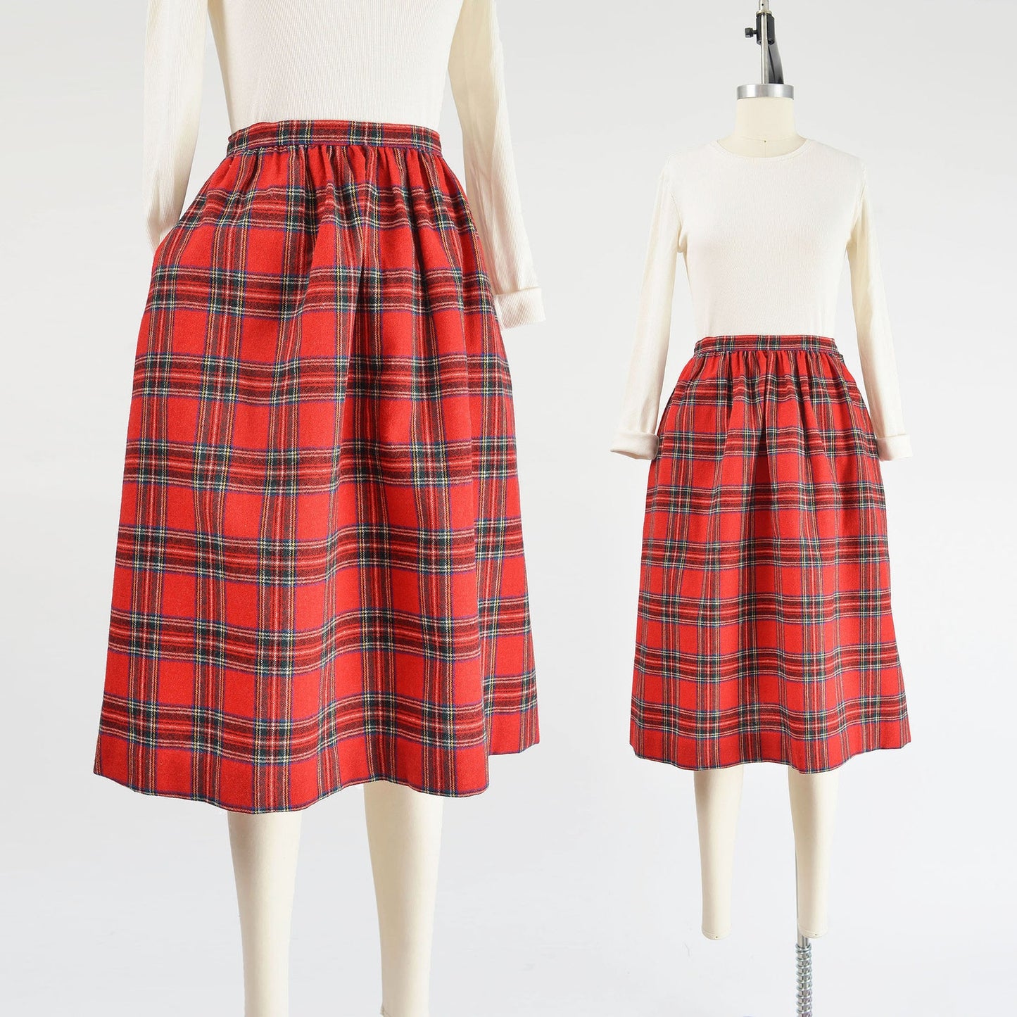 Vintage 1970s red tartan plaid full wool midi skirt.