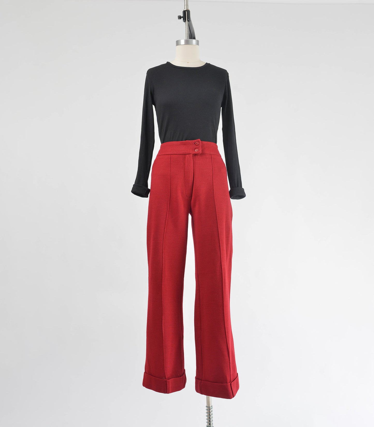 Vintage 1970s dark red wool knit high waisted trouser pants.