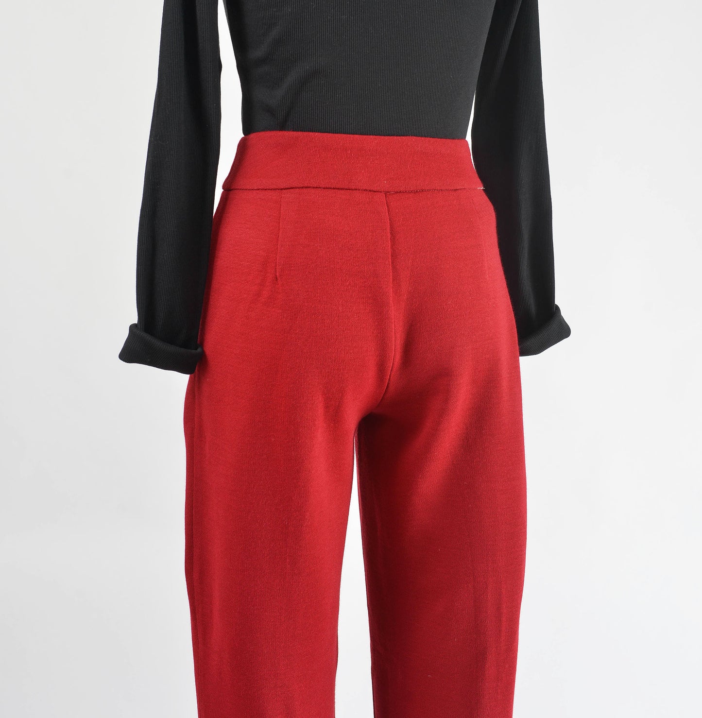 Vintage 1970s dark red wool knit high waisted trouser pants.
