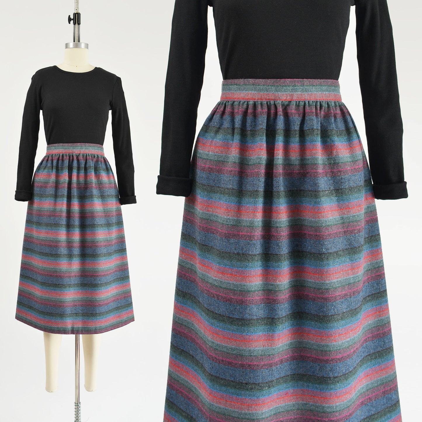 Vintage 1970s striped full wool midi skirt.