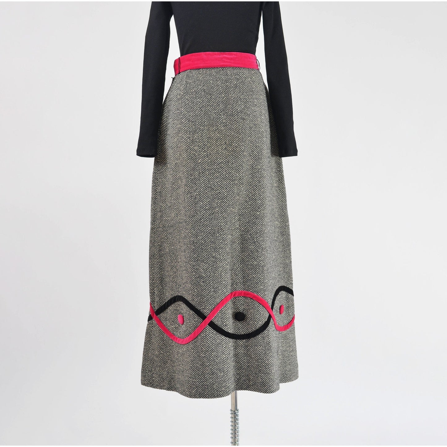 vintage 70s herringbone wool and velvet maxi skirt.