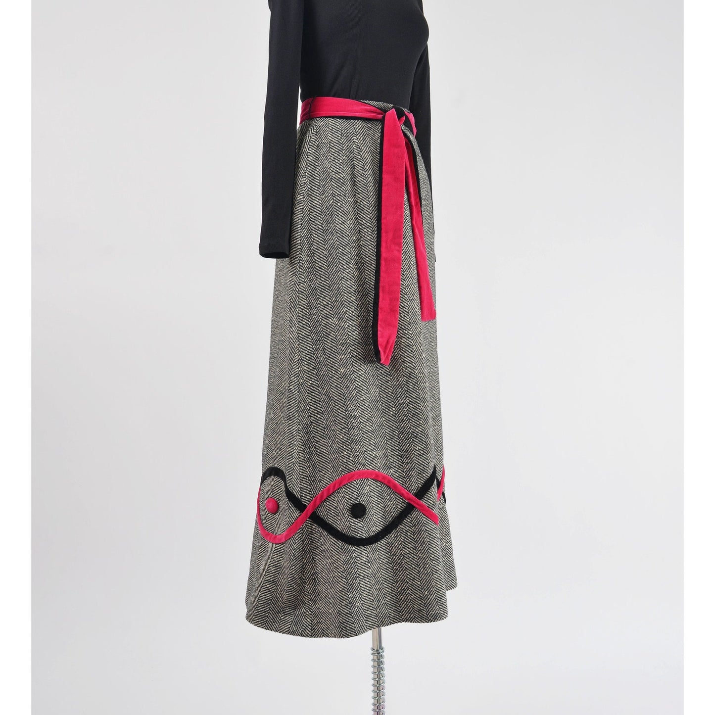 vintage 70s herringbone wool and velvet maxi skirt.