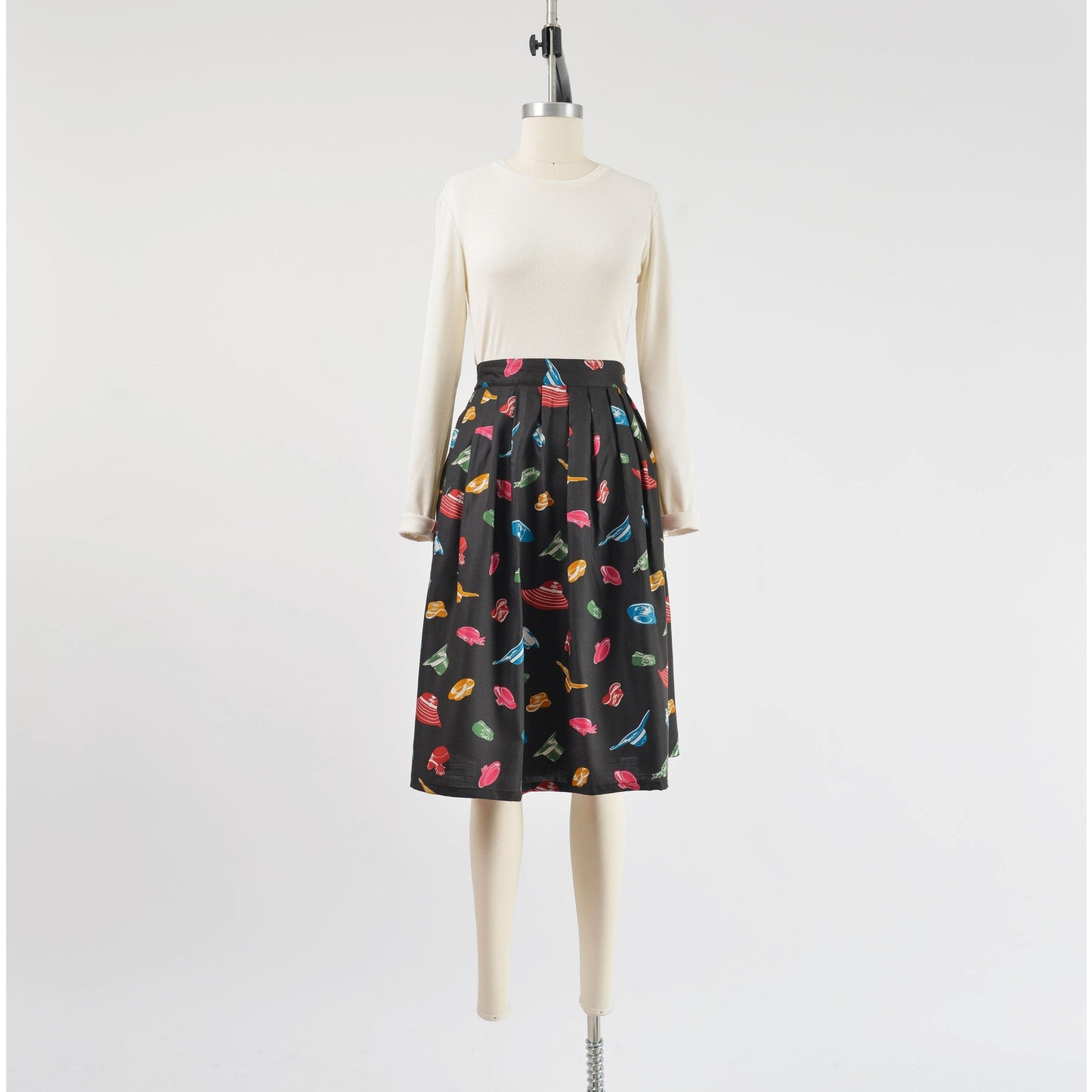 Vintage 80s Black Hat Novelty Print Full Flowy Pleated Midi Skirt Pockets size M L
