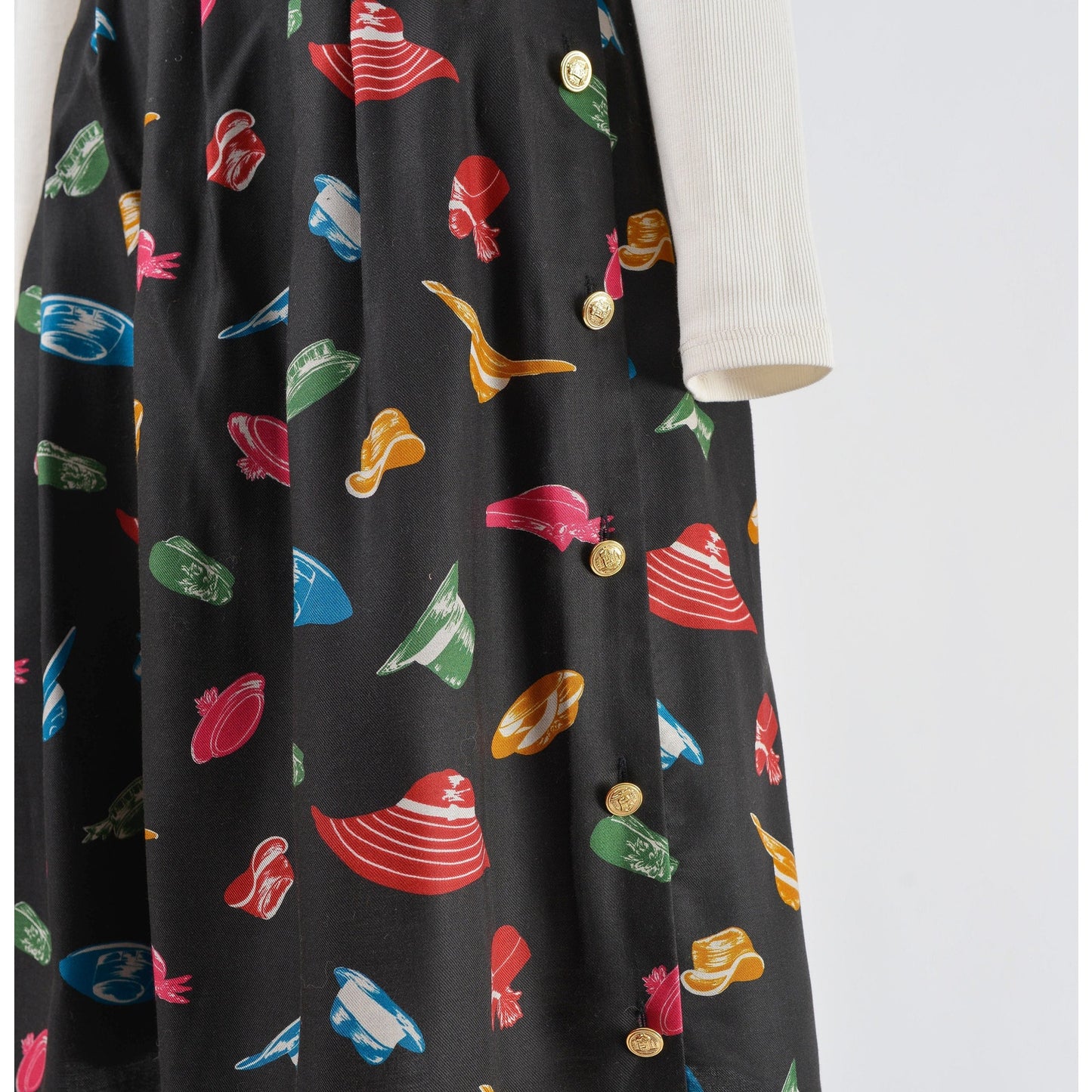 Vintage 80s Black Hat Novelty Print Full Flowy Pleated Midi Skirt Pockets size M L