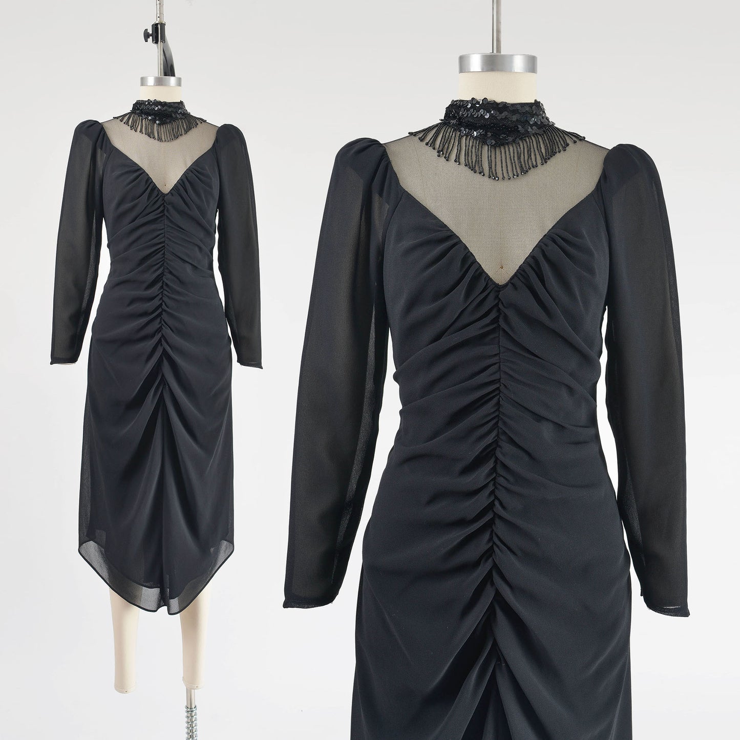 Vintage 80s black dress with beaded sheer neckline.